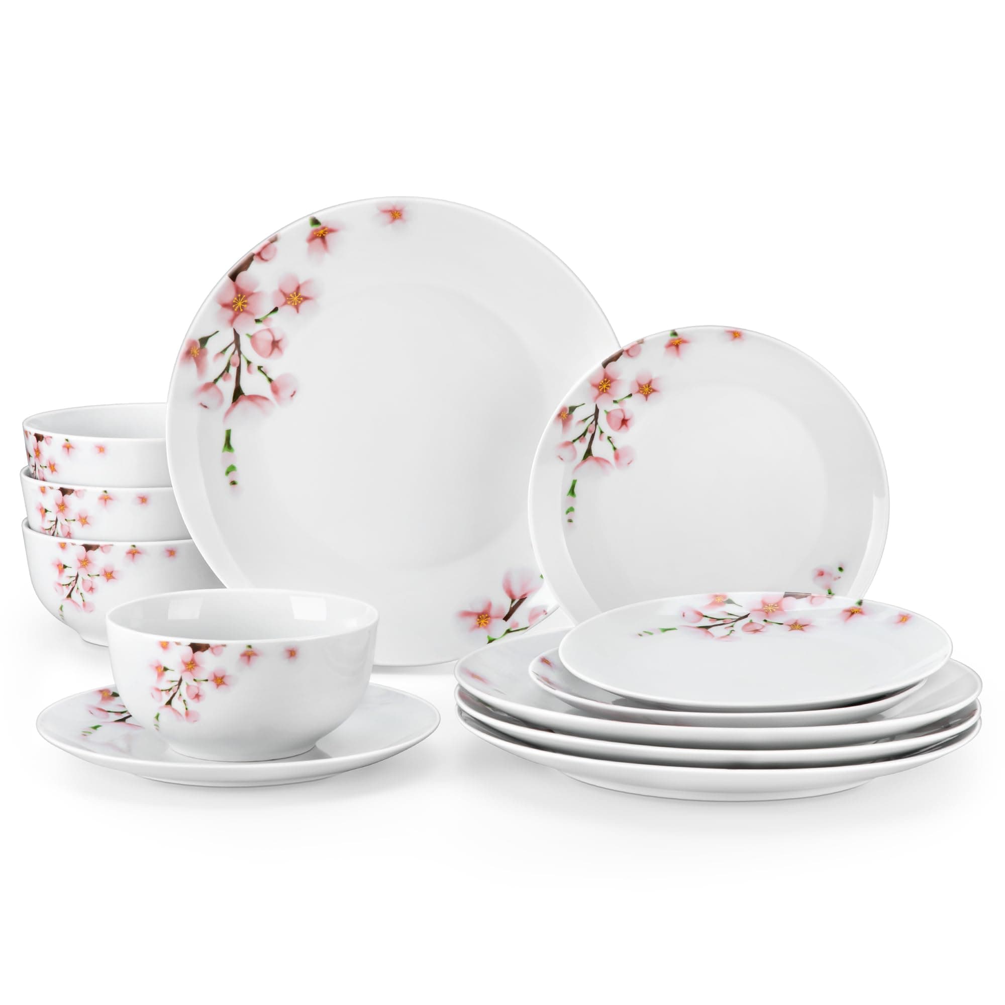 VEWEET Pink Floral Porcelain Dinnerware Set for 4, 12 Pieces Annabelle Series