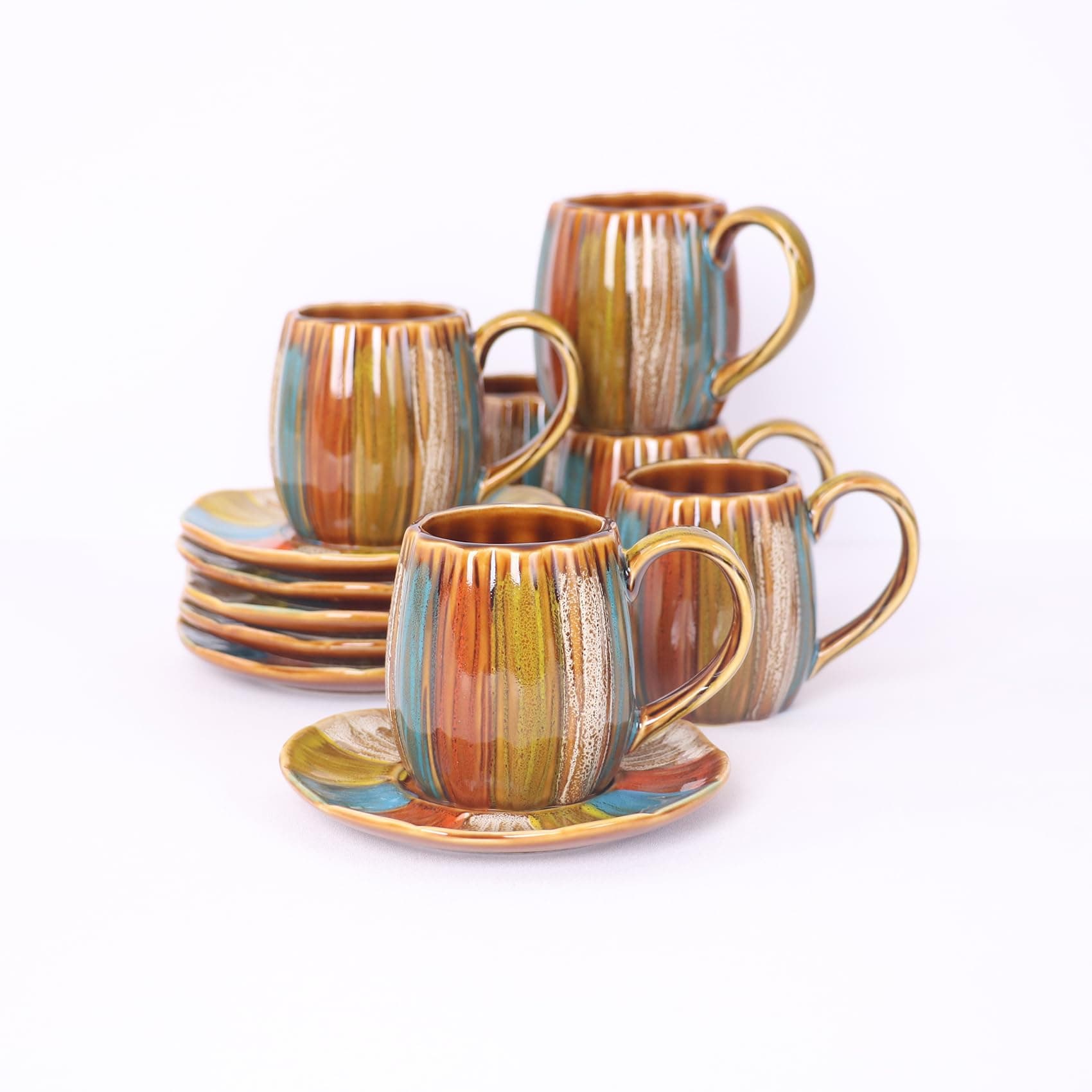 GuangYang 12-Piece Porcelain Bronze Glazed Tea Cup and Saucer Set with Rainbow Pattern 7oz