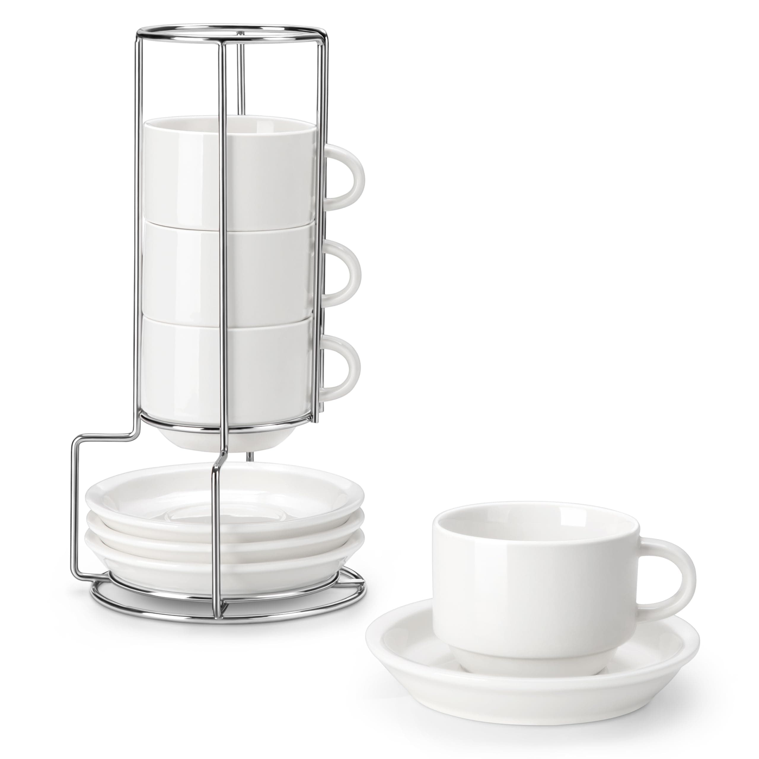 MALACASA White Espresso Cups with Saucers & Metal Stand, Set of 4