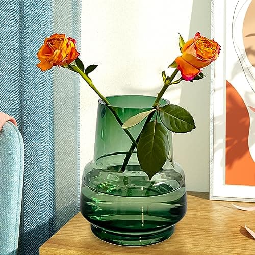 Handmade Modern Large Glass Vase for Flowers, 7.5 Inch (Green)