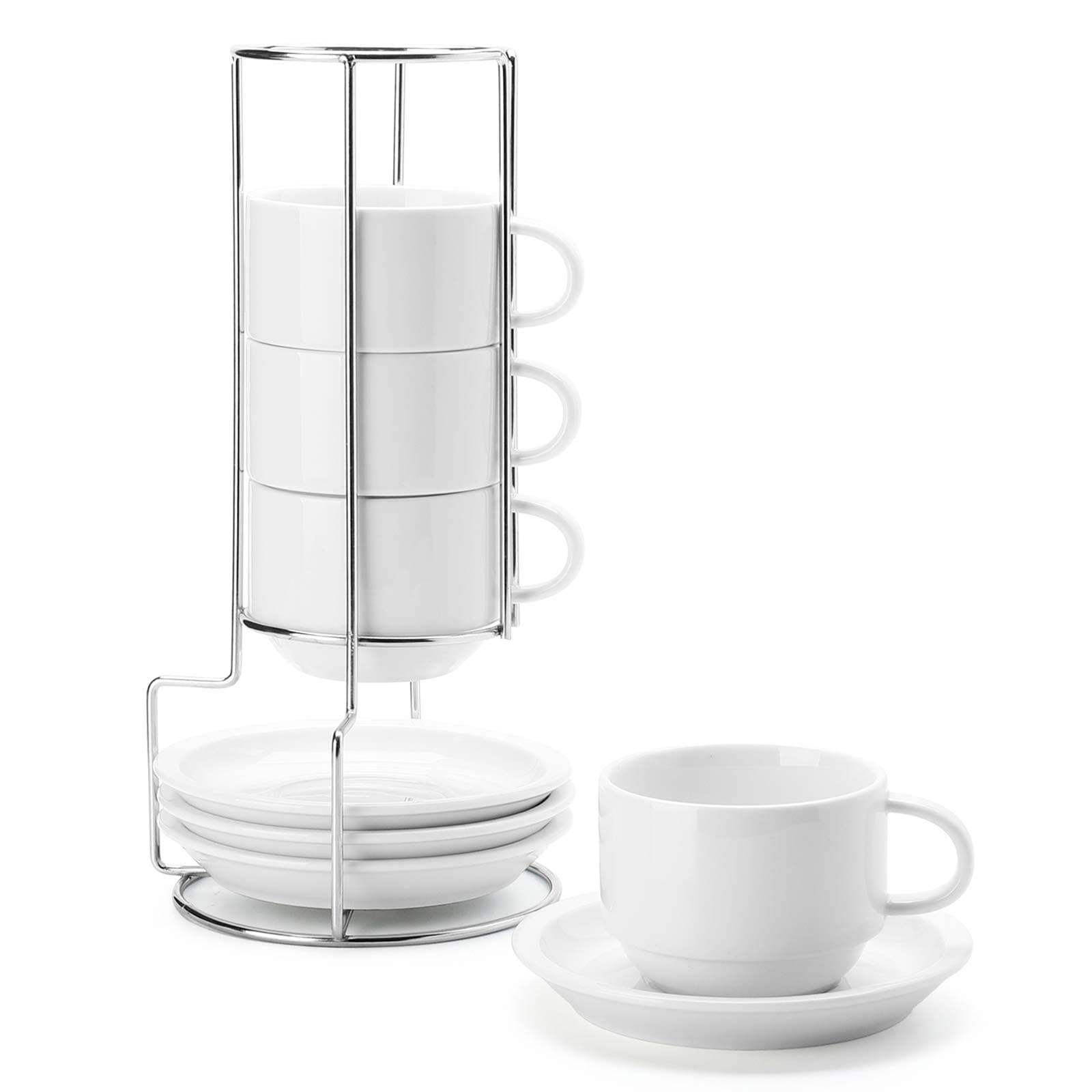 Stackable Cappuccino Cups with Saucers and Stand - Set of 4, White