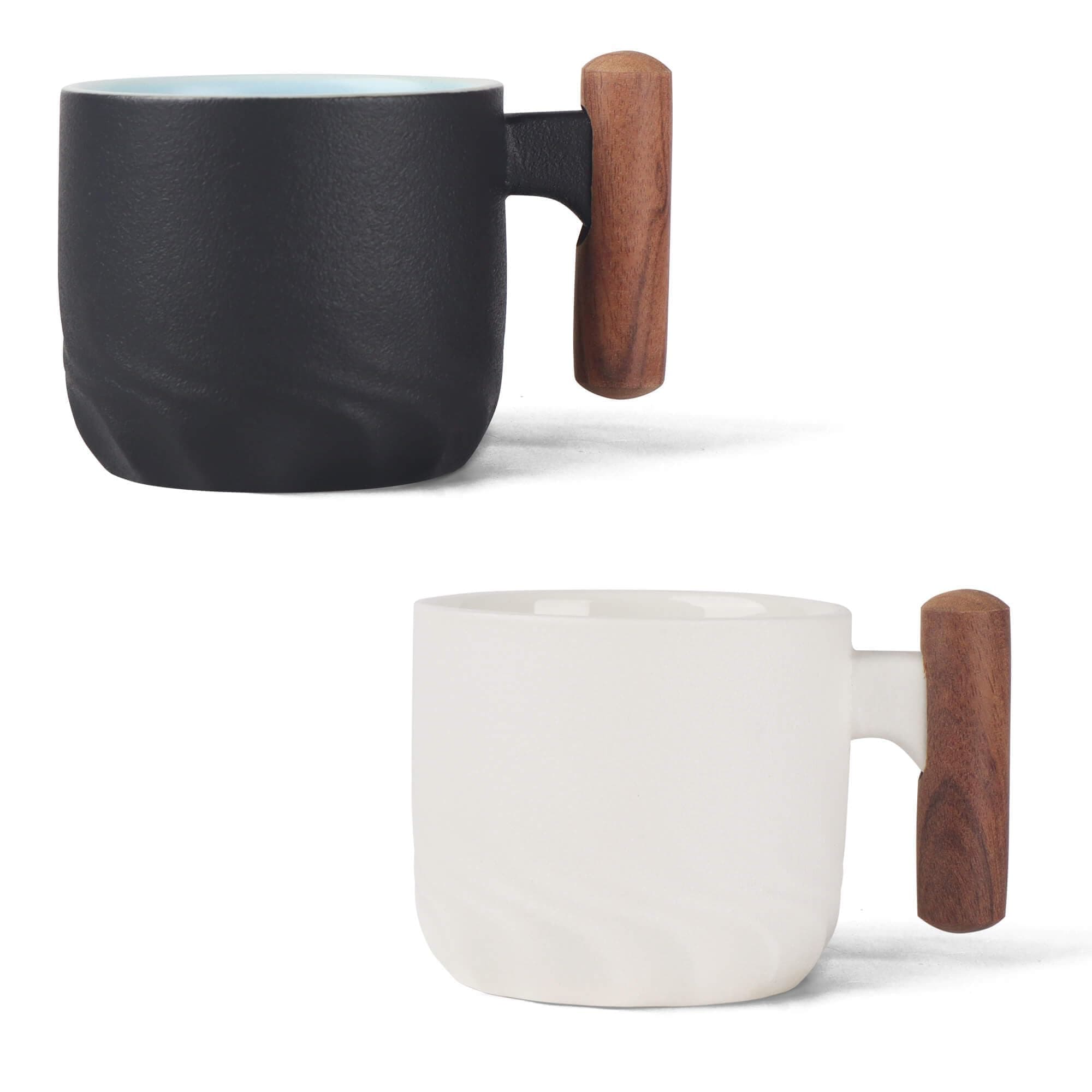 Set of 2 Ceramic Espresso Cups with Wooden Handle-Small Tea Cups