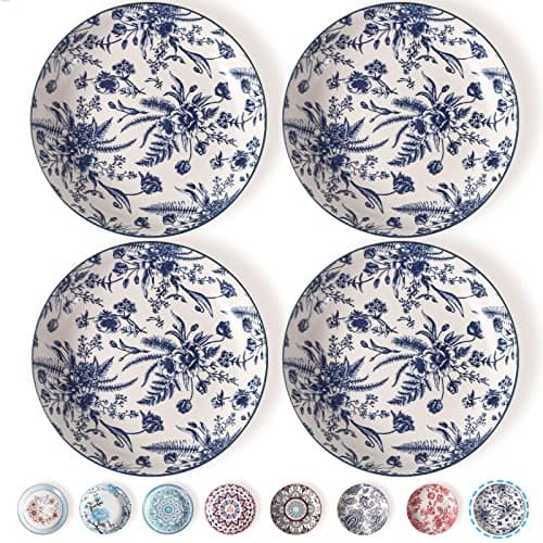 Artena Bohemia Porcelain Pasta Bowls Set of 4, 26oz, 8 Inch, Brown — Blue Flower