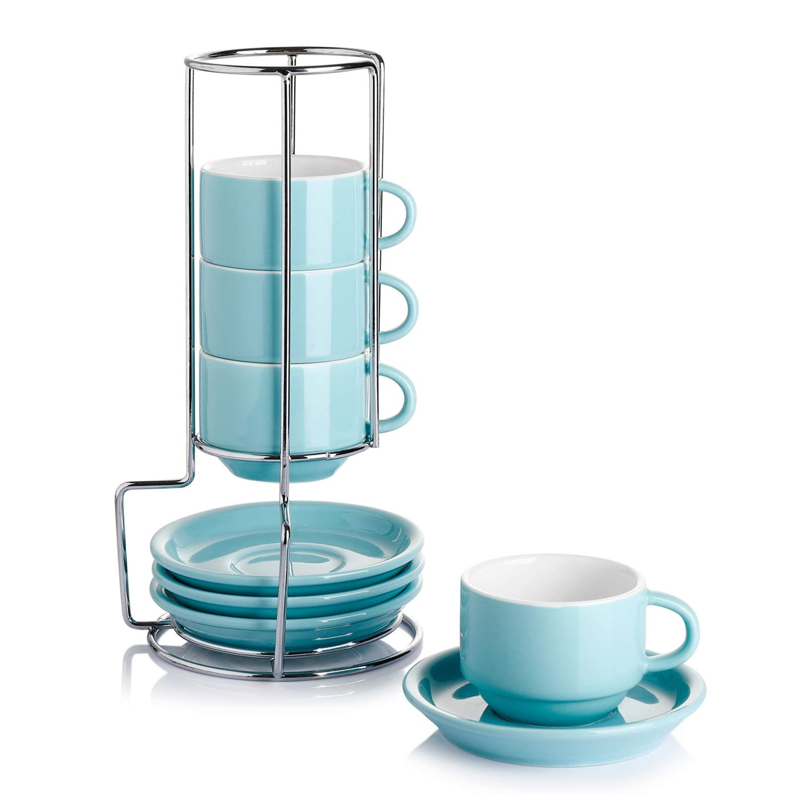 Sweese Turquoise Porcelain Espresso Cups with Saucers & Metal Stand (Set of 4)