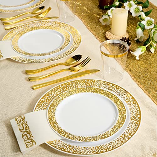 FOCUSLINE 175 Gold Dinnerware Set for 25 Guests: White Plastic Plates with Gold Lace Trim, Includes Dinner Plates, Dessert Plates, Silverware, Cups, and Napkins