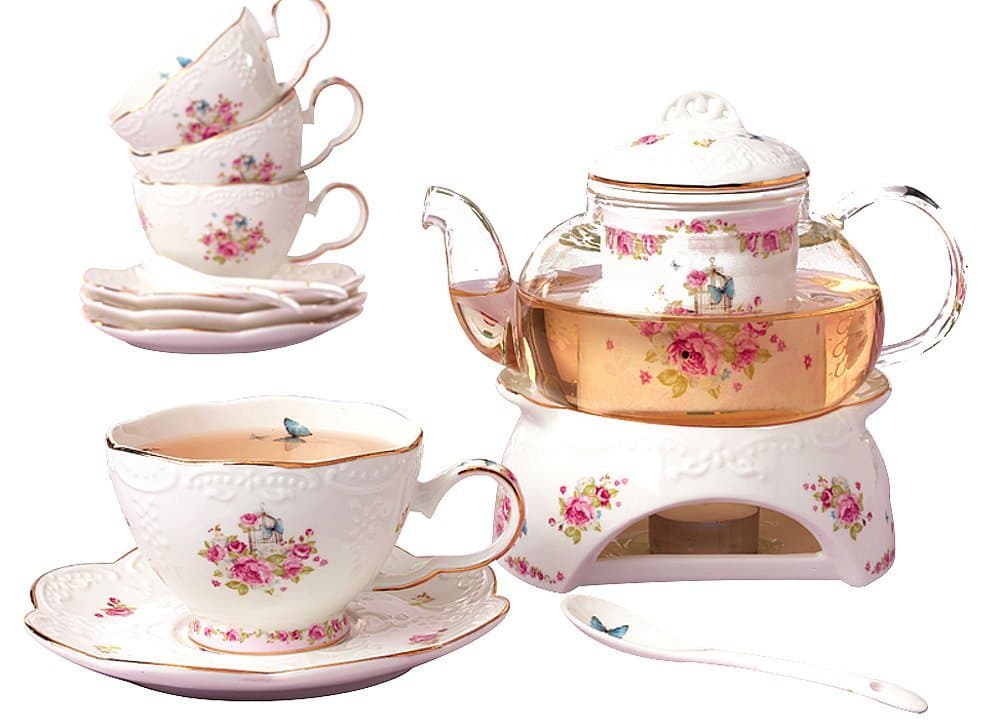 Jusalpha Vintage Porcelain Flower Tea Set & Teapot Warmer, 16pcs (16pcs set)