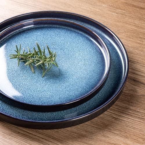 LERATIO Blue Ceramic Dinnerware Set for 4, Round Reactive Glaze Plates & Bowls, Chip & Crack Resistant, Dishwasher & Mic