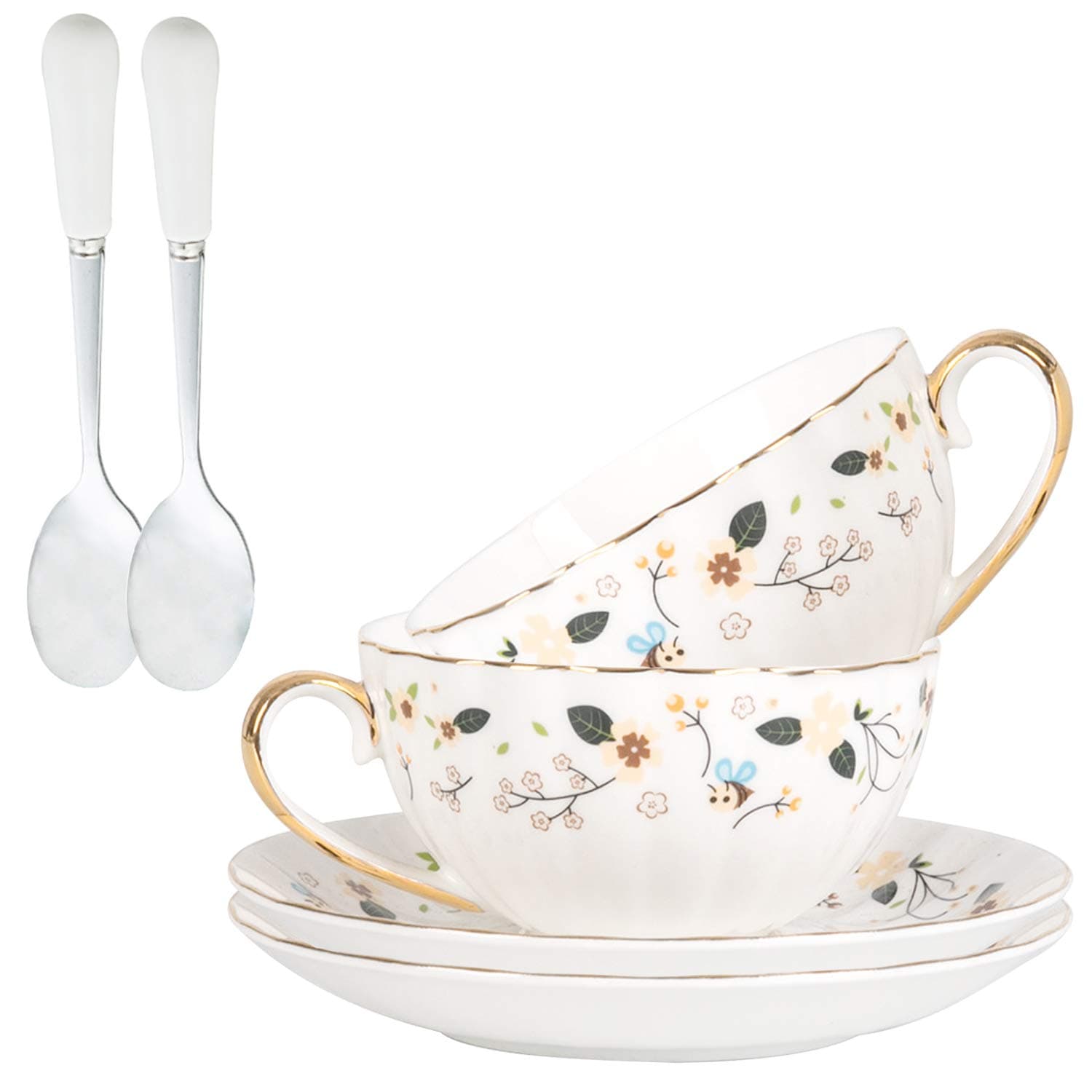 European Royal Porcelain Tea Cup & Coffee Set, 2 Tea Cups & 2 Coffee Mugs with Saucers & Spoons & Gift Box