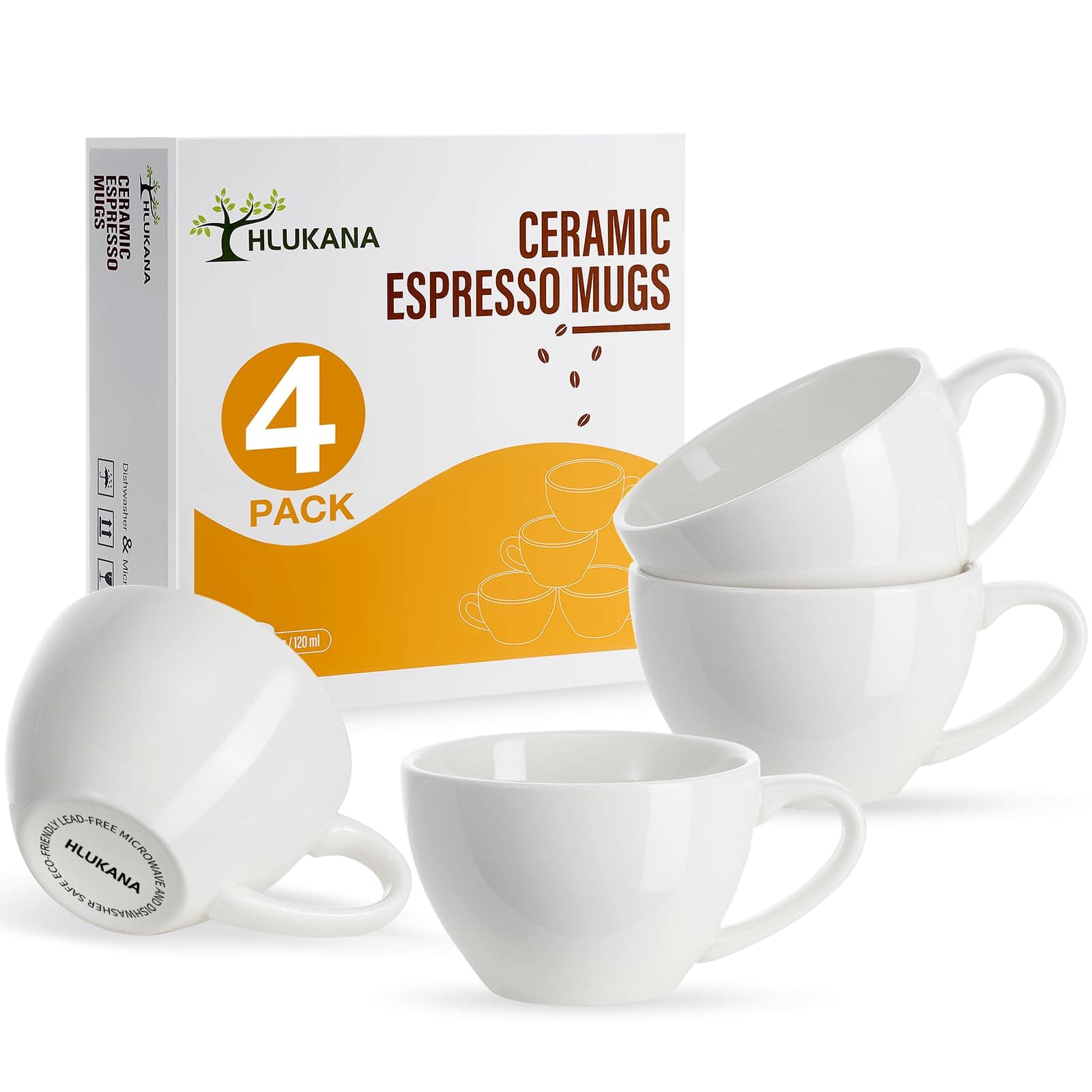 Set of 4 Porcelain Espresso Cups - 4oz, White, Microwave and Dishwasher Safe