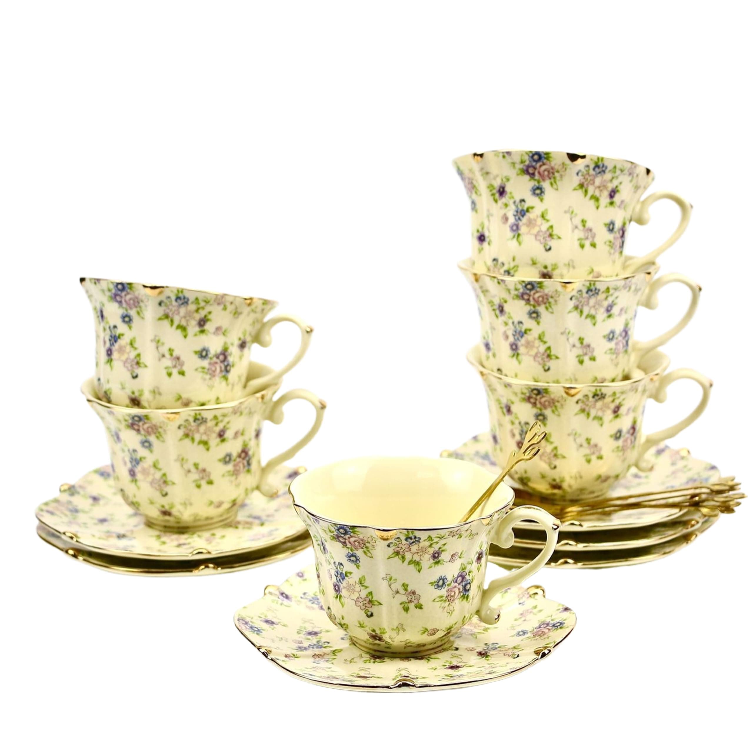 TATSUMI Country Roses 18-Piece Bone China Tea Cup & Saucer Set