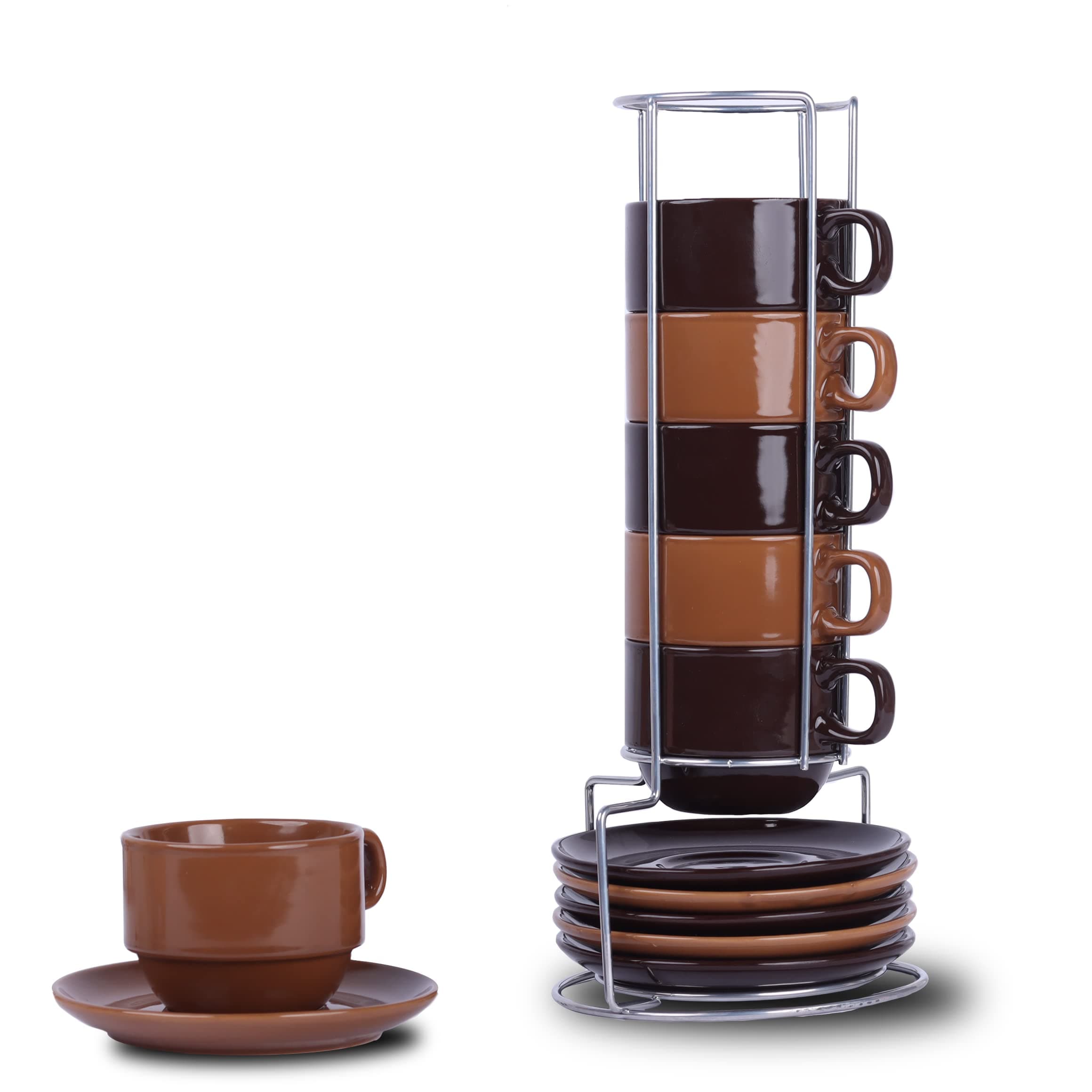 Stackable 5oz Espresso Cups, Saucers & Stand - Set of 6