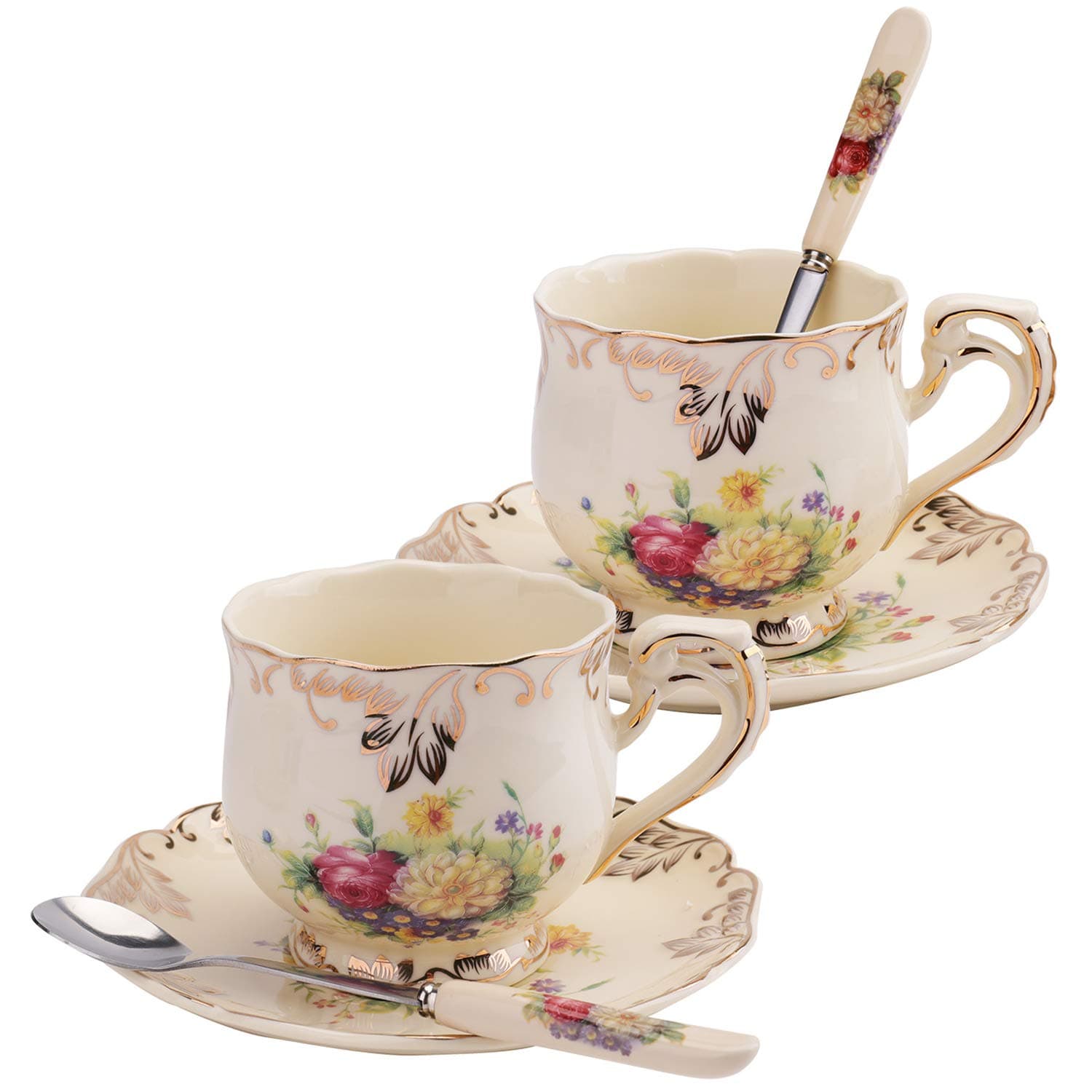 Foraineam 8 oz. Floral Ivory Ceramic Tea Cup & Saucer Set