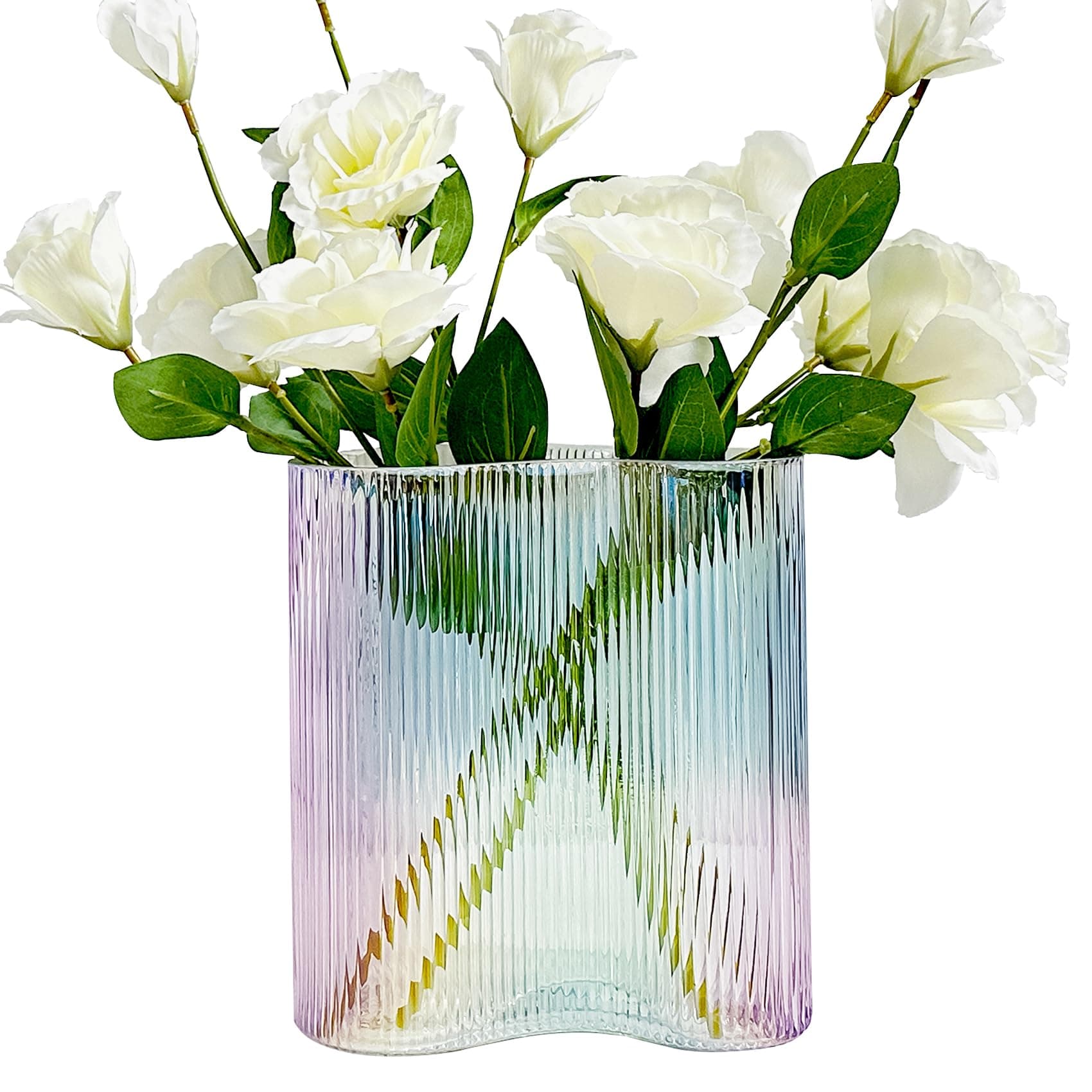 Aoderun Footprint Shape Ribbed Glass Vase for Flowers, Modern Large Vase for Living Room Dining&Coffee Table Kitchen Office Home Shelf Wedding Party Decor (Iridescent Clear)