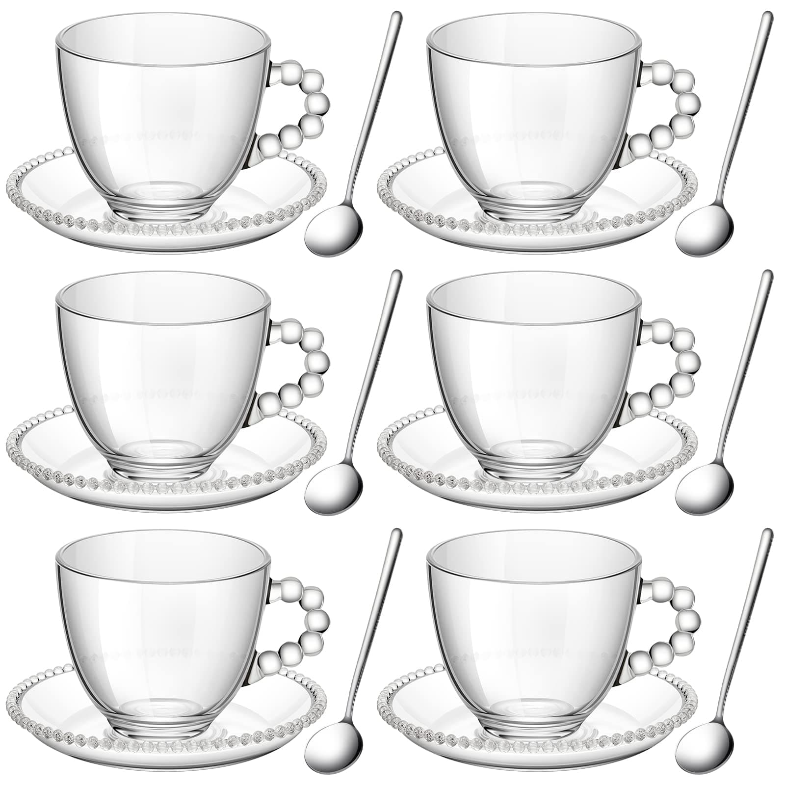 Irene Set of 6 Clear Glass Coffee Mugs with Saucers and Stainless Steel Spoons