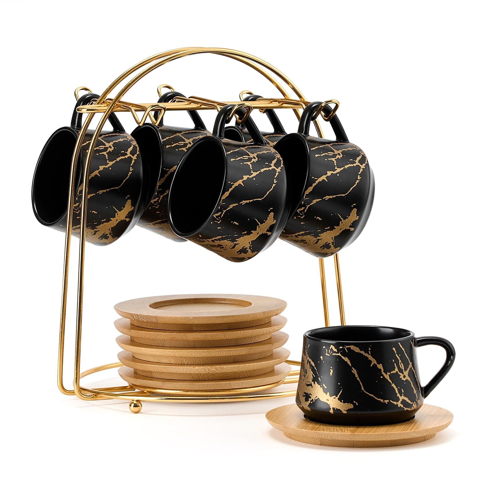 Luka Ceramic Espresso Cups Set of 6, 4 oz Marbling Black Saucers Included