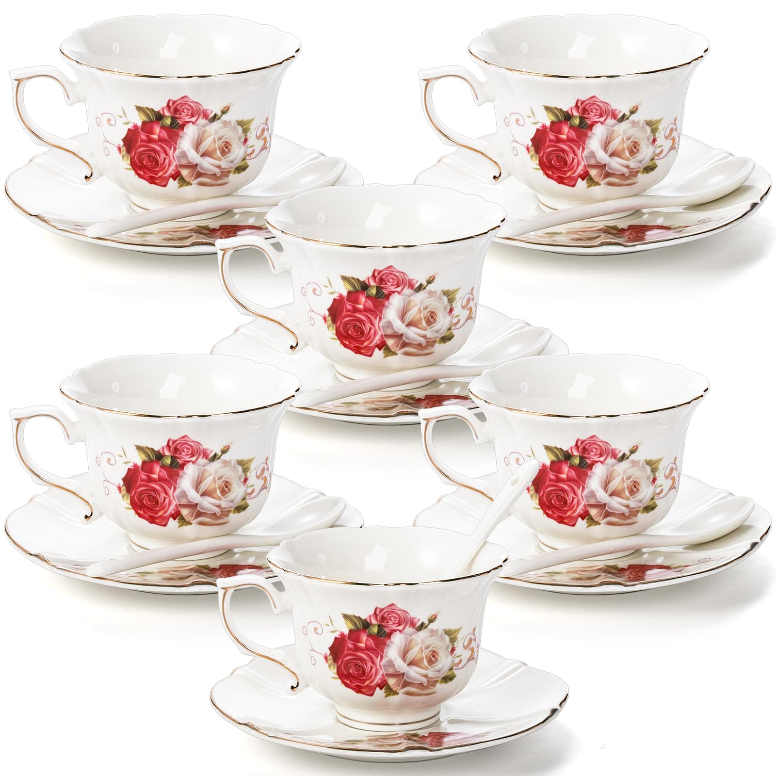 Foraineam 6-Piece Porcelain Tea Set, Ivory Rose Cups & Saucers, Gold Trimmed Latte & Espresso Mugs