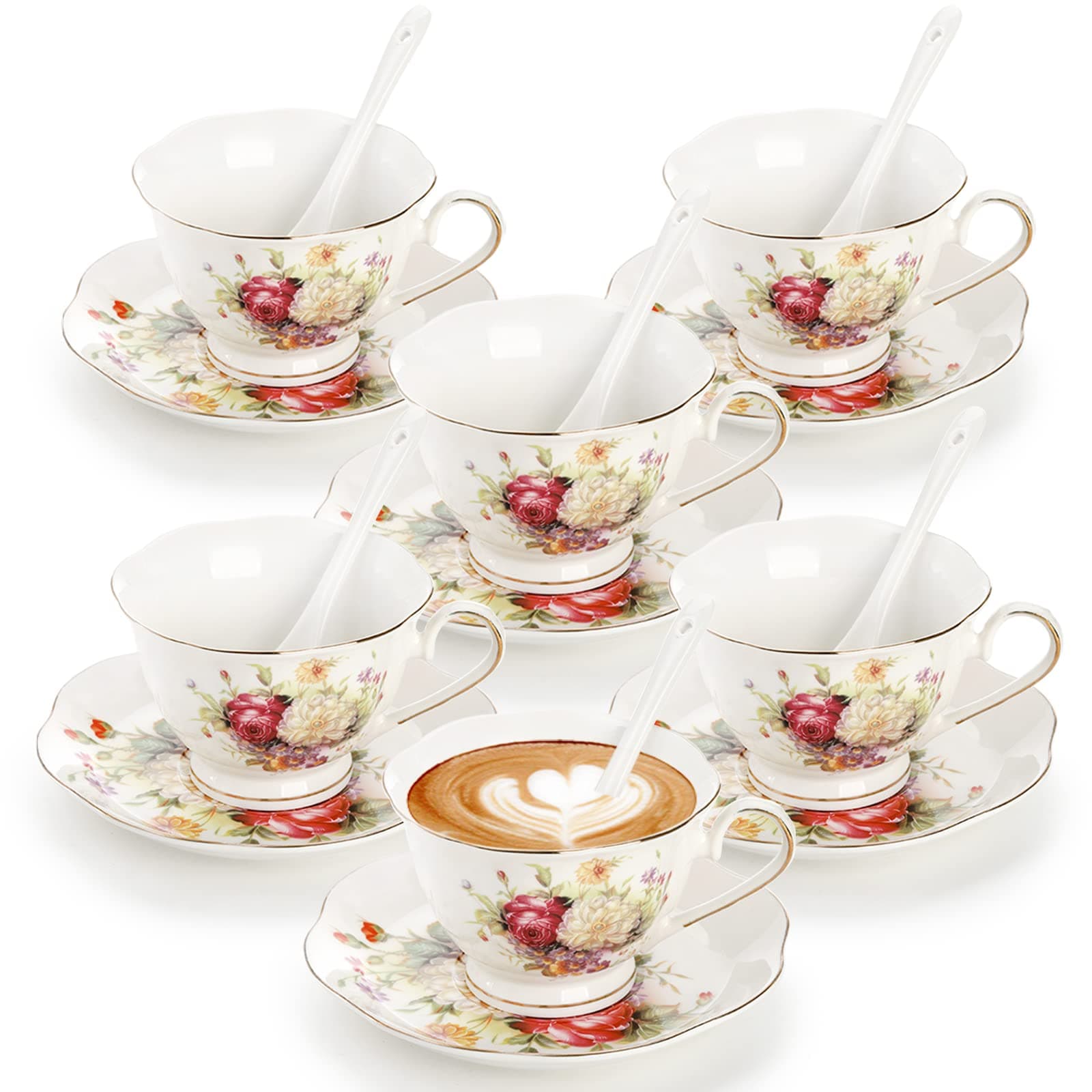 Foraineam 6-Piece Floral Tea Cup Set with Gold Trim