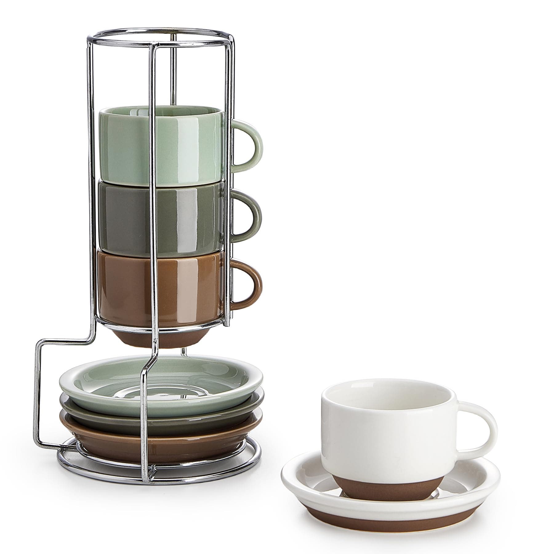 Colorful Set of 4 Porcelain Espresso Cups with Saucers and Stand for Coffee Lovers