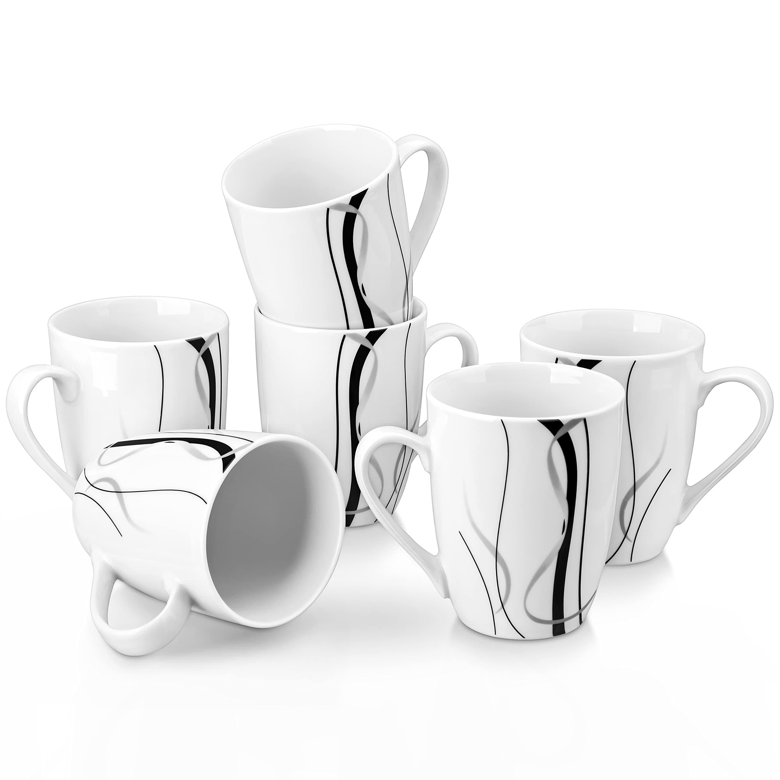 6-Piece Ceramic Coffee Mugs Set, 11 OZ, White Porcelain Cups, Microwave Dishwasher Safe for Kitchen - Fiona Series