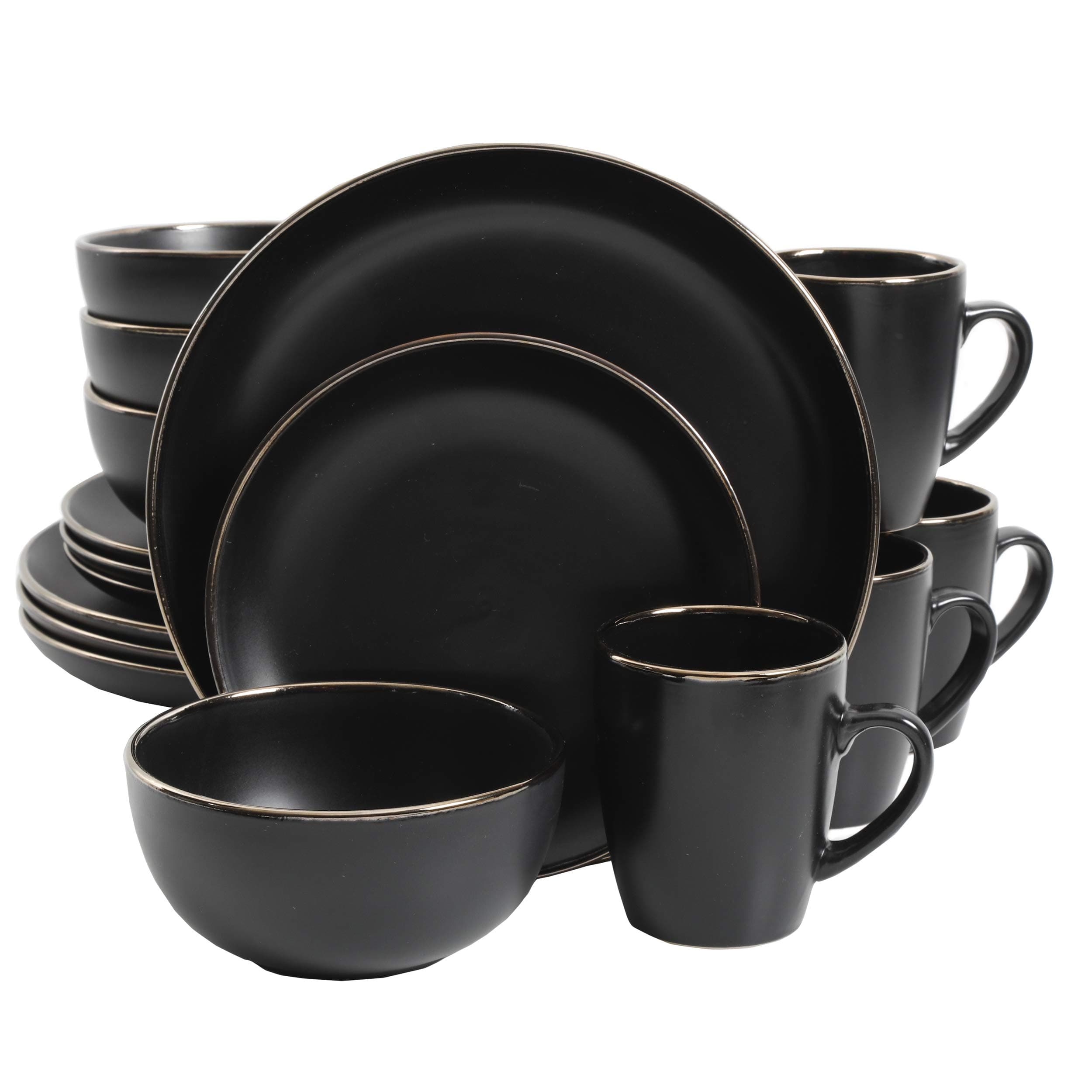 Gibson Home Rockaway Round Stoneware Dinnerware Set, Black/Gold Rim (4 Servings)