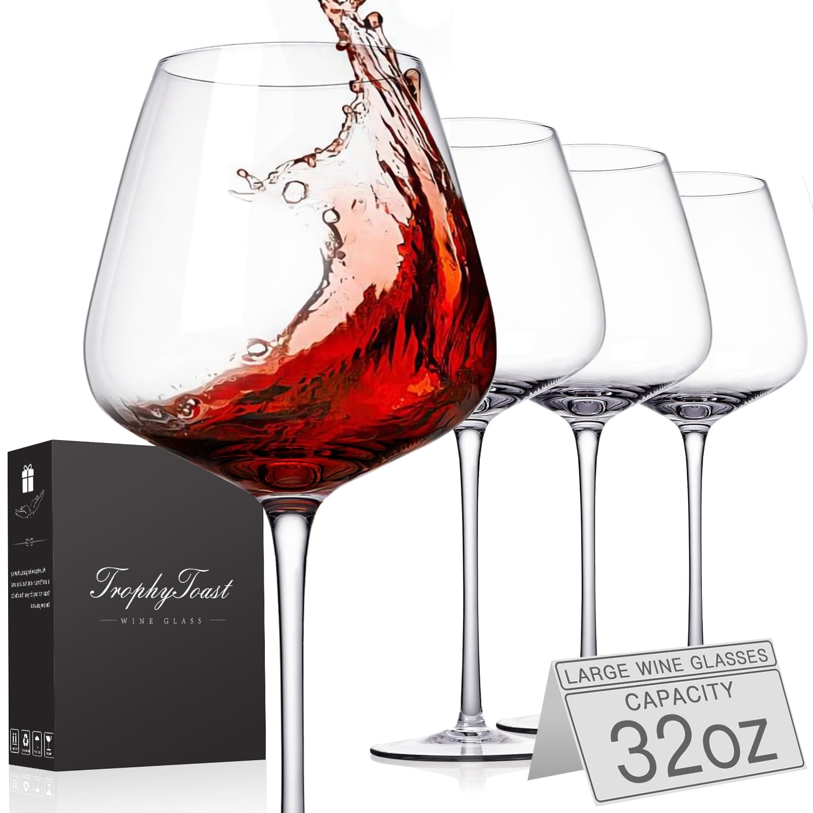Hand Blown Red 32oz Wine Glasses Set of 4 - Crystal Burgundy Clear, Thin, Mothers Day, Wedding, Birthday
