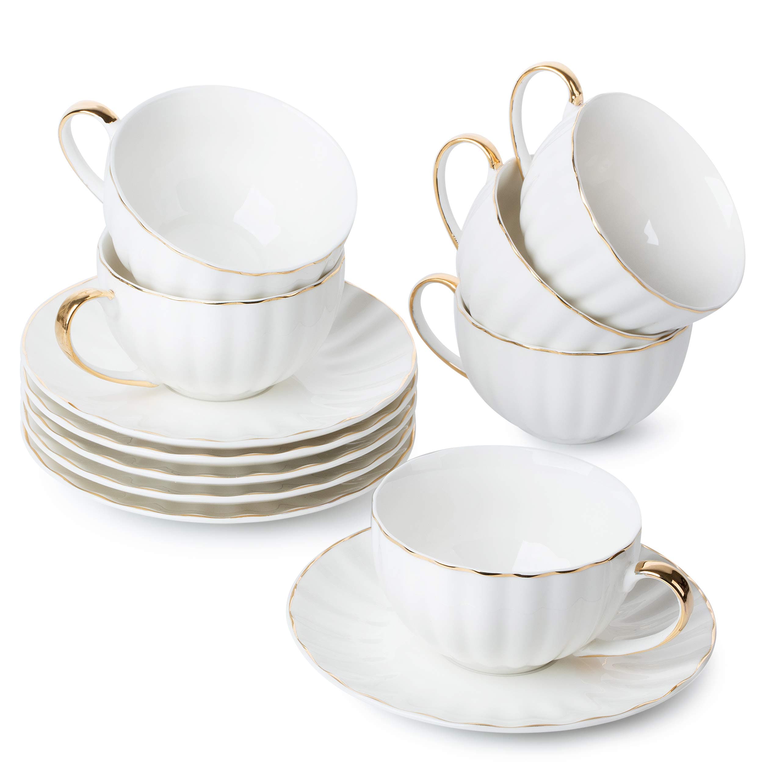 Gold Trimmed British Porcelain Cappuccino Cup Set, 6-Piece White Tea Cups
