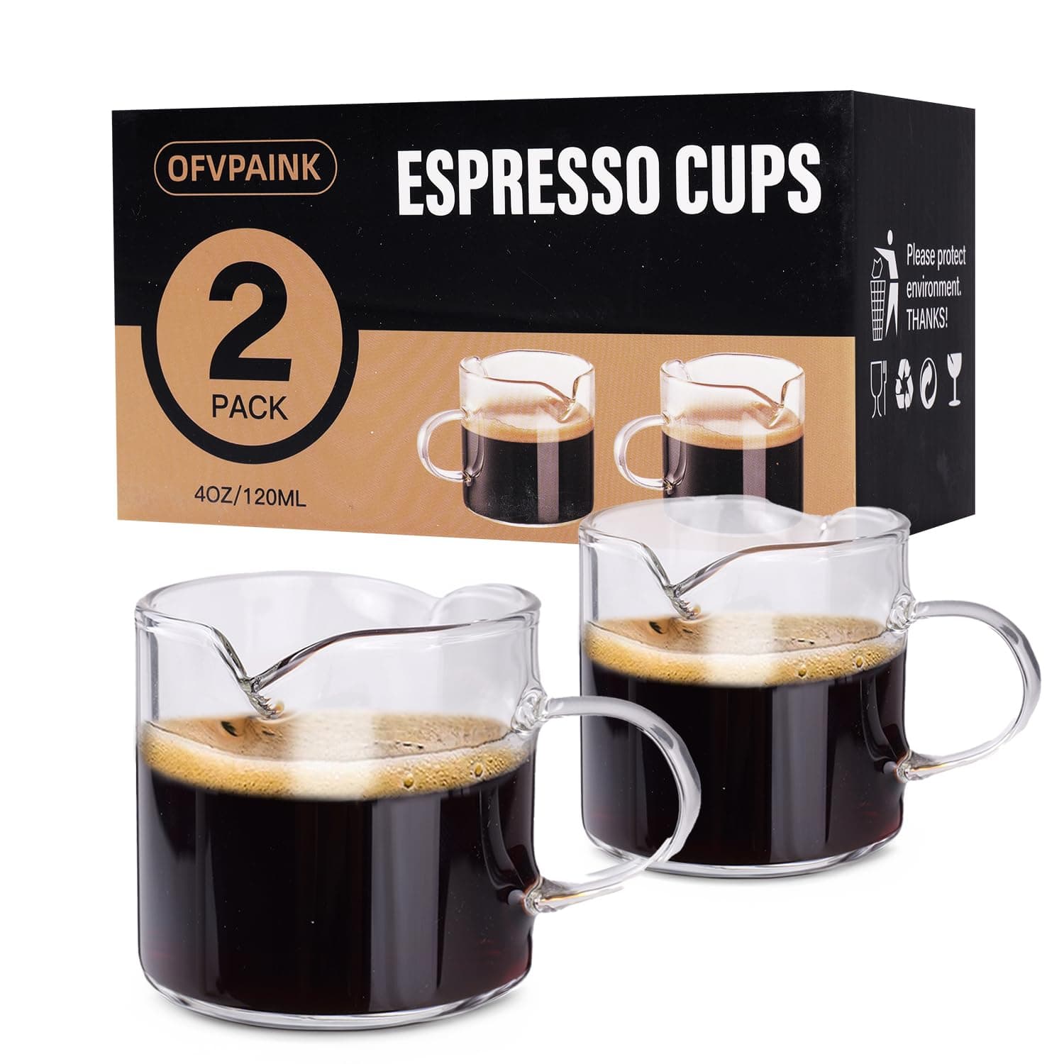 2 Pack Clear Glass Espresso Cups & Spouts, 4 oz Handle Included