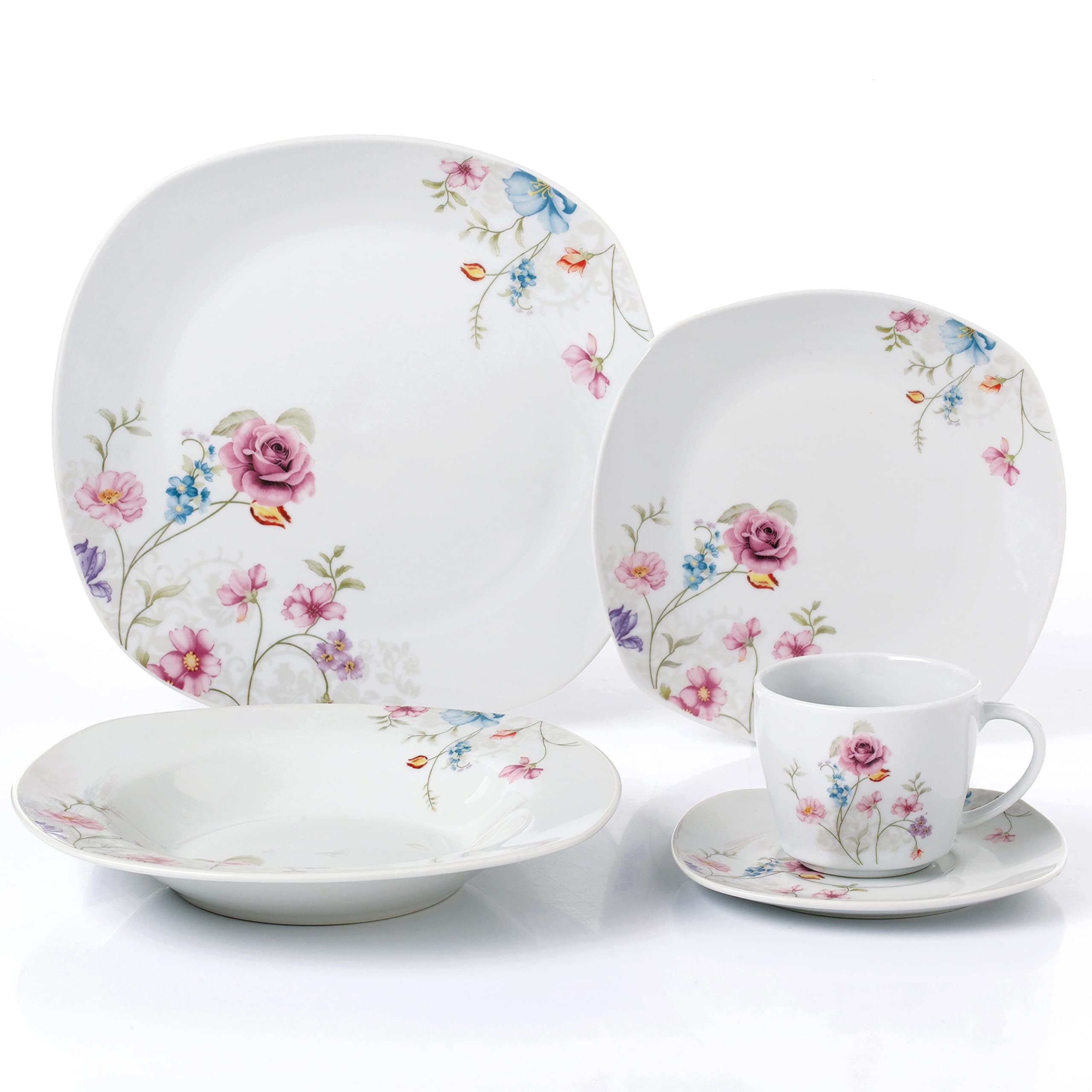 Lorren Home Trends Porcelain 20 Piece Dinnerware Set for 4 - Small Floral Design, White