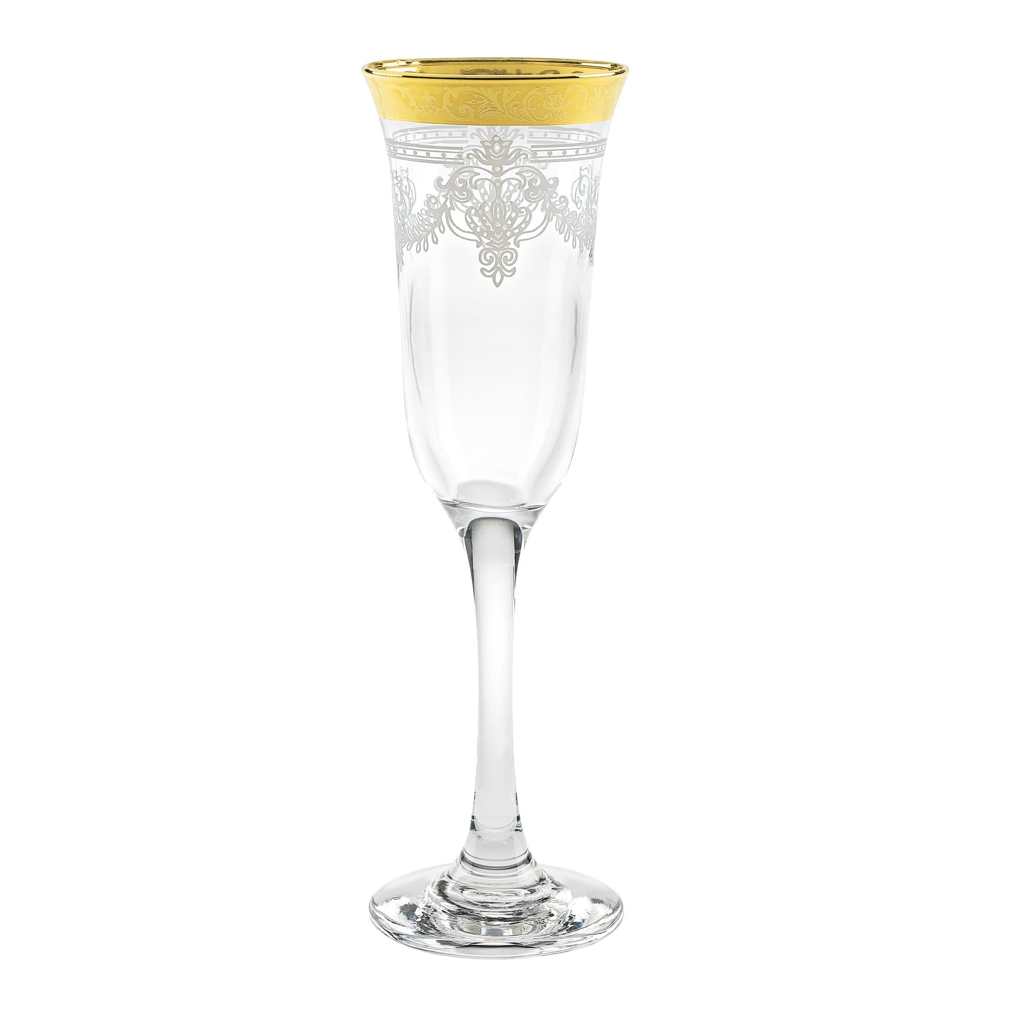 Lorren Home Trends Flute Set 6 Stencil Pattern Gold Band Clear