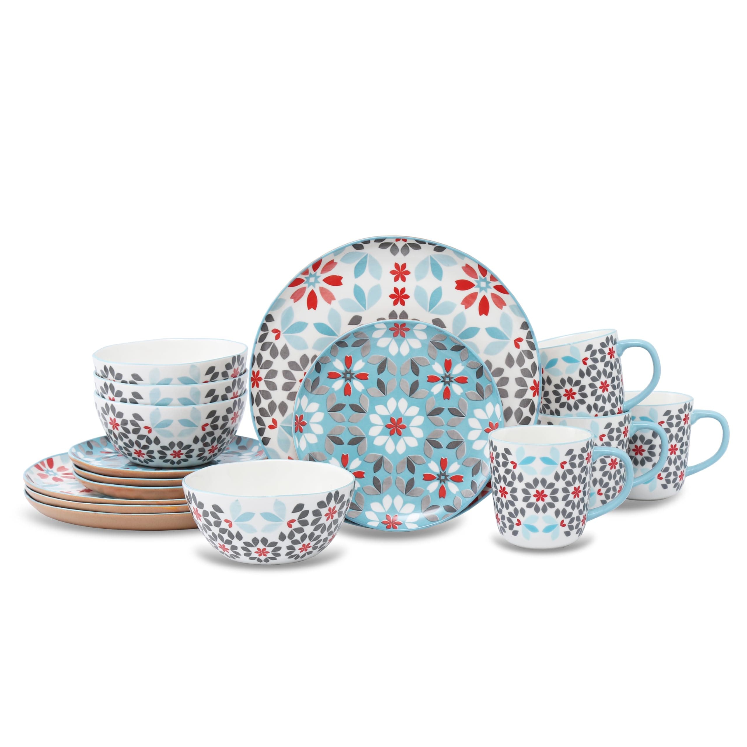 Lorren Home Trends 16-Piece Floral Blue Red Dinnerware Set