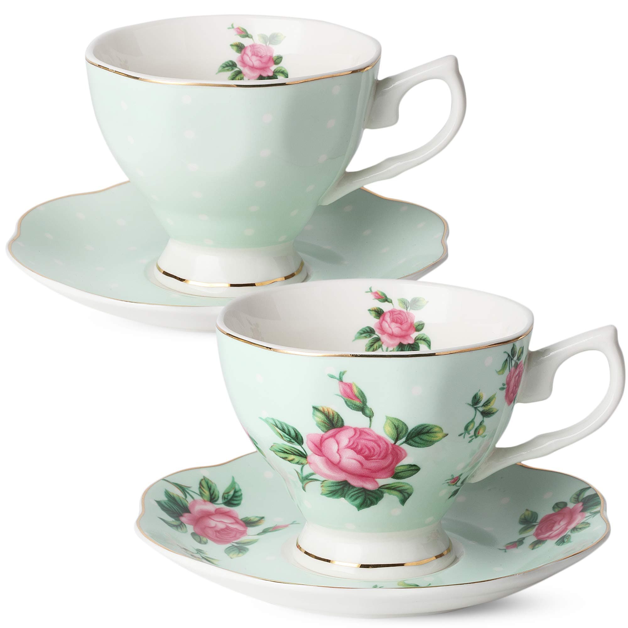 Floral Tea Cups and Saucers Set, Porcelain with Gold Trim, 8oz