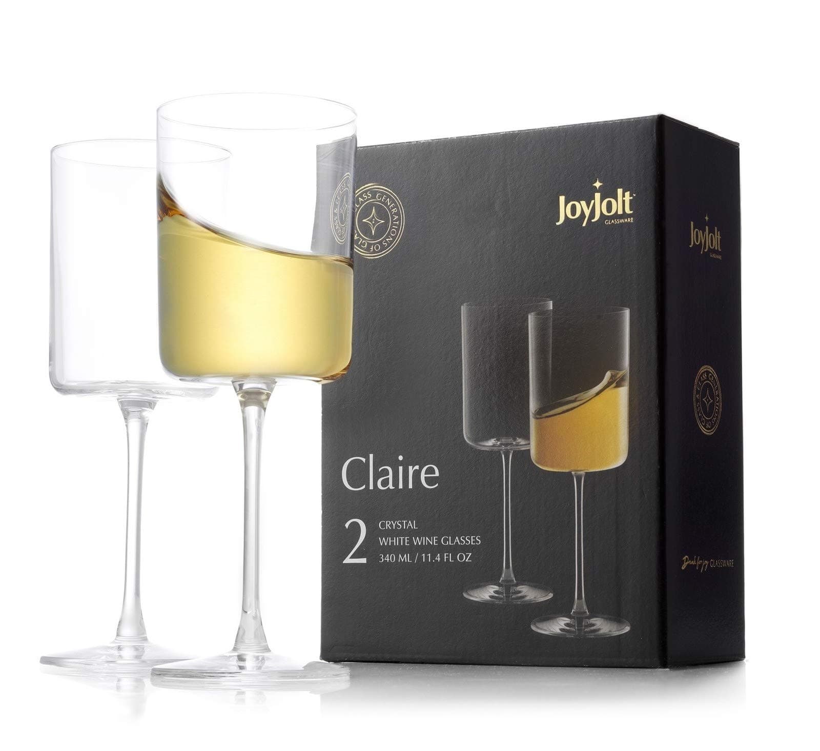 JoyJolt Claire 11.4oz Stemware White Wine Glass Set of 2, Elegant Crystal Made in Europe