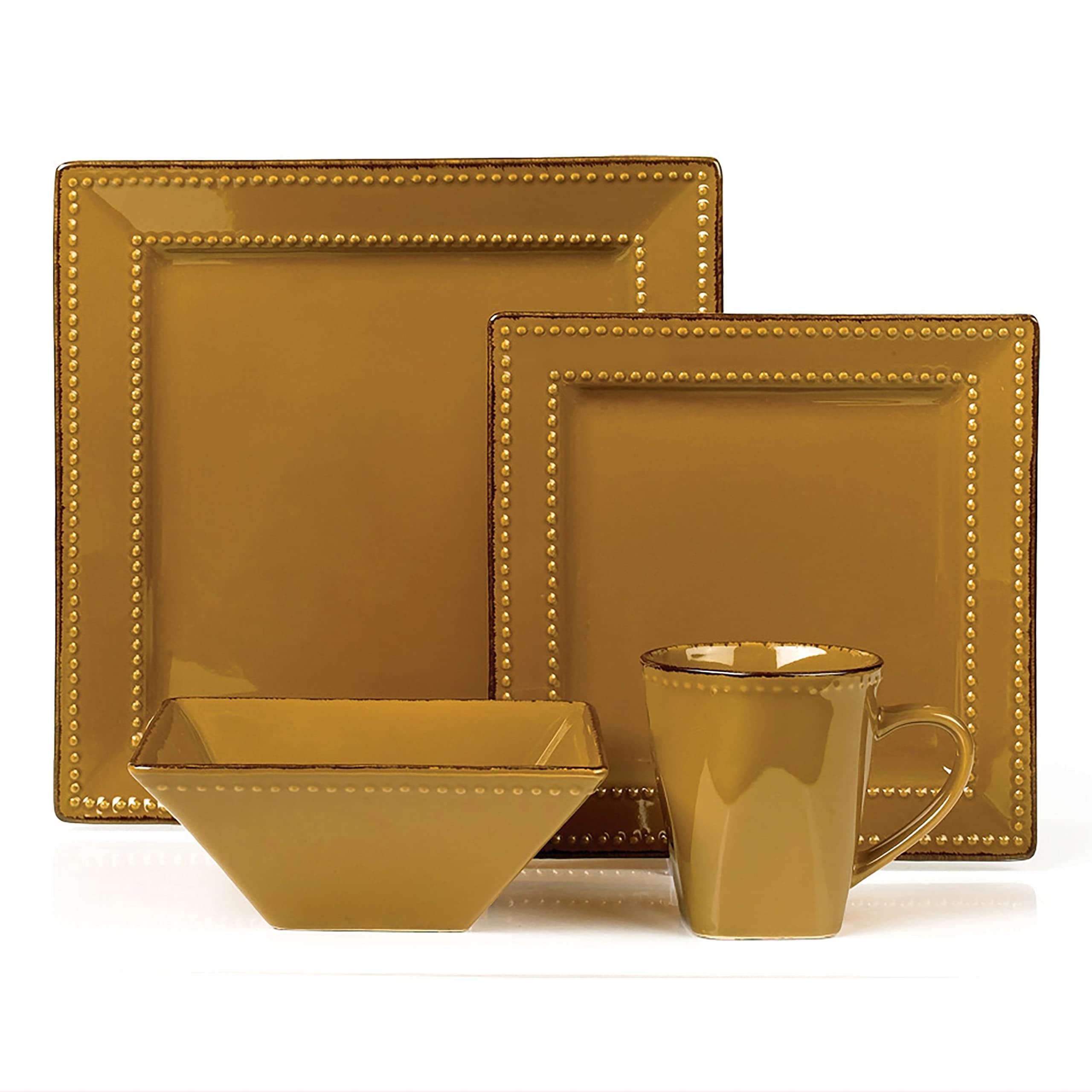Lorren Home Trends 16 Piece Square Beaded Stoneware Set, Mocca