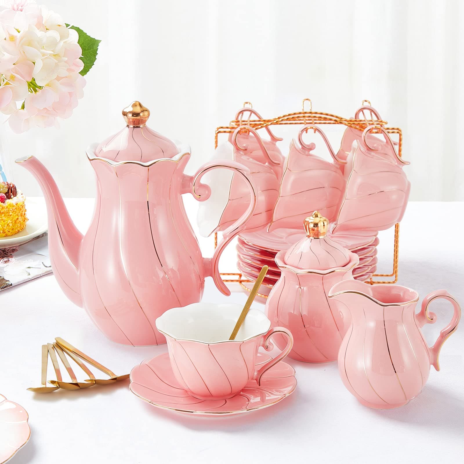 DUJUST 22 Piece Pink Luxury Tea/Coffee Set, Golden Trim, Perfect Gift for Women