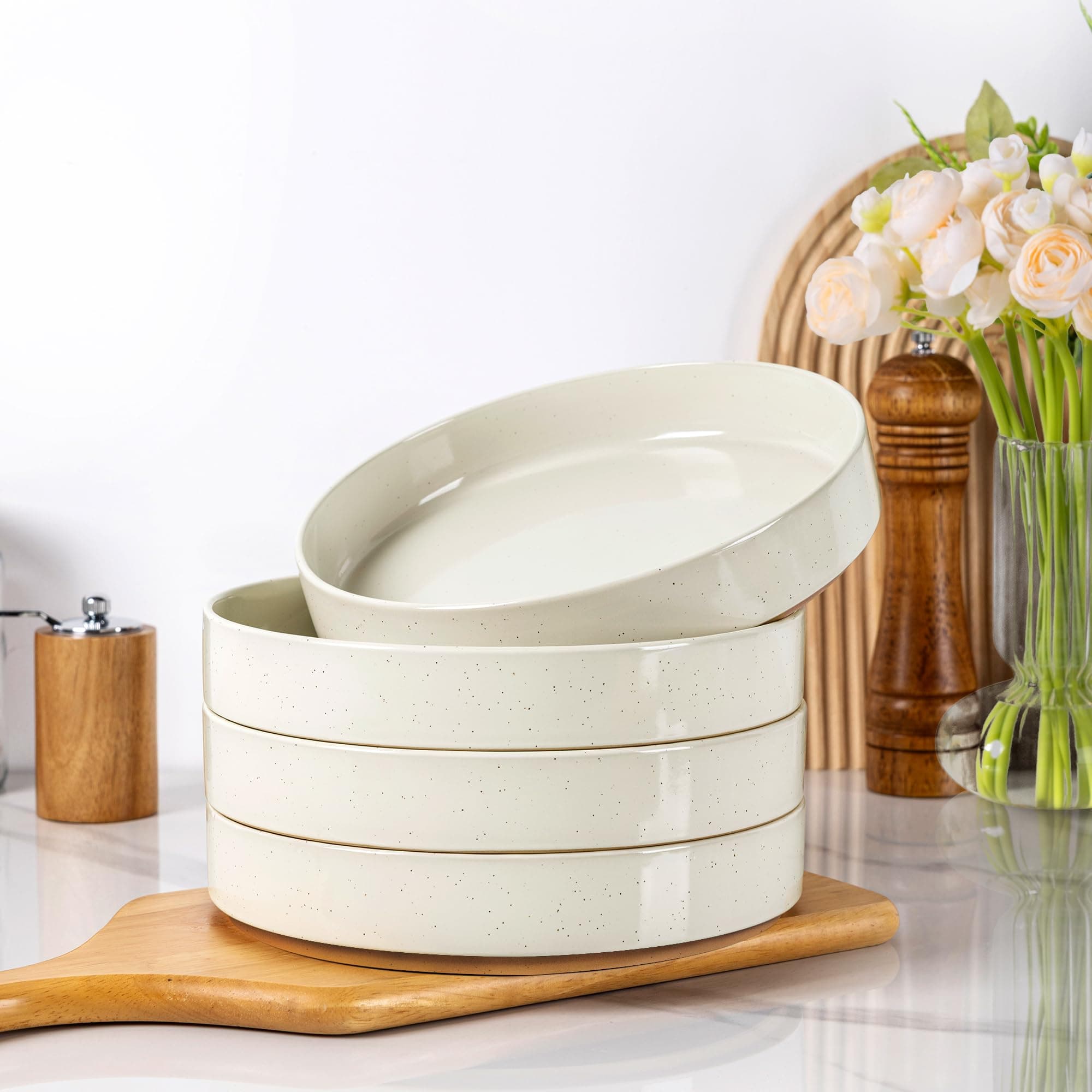 AmorArc Speckled Stoneware Pasta Bowls Set of 4, 32oz Beige