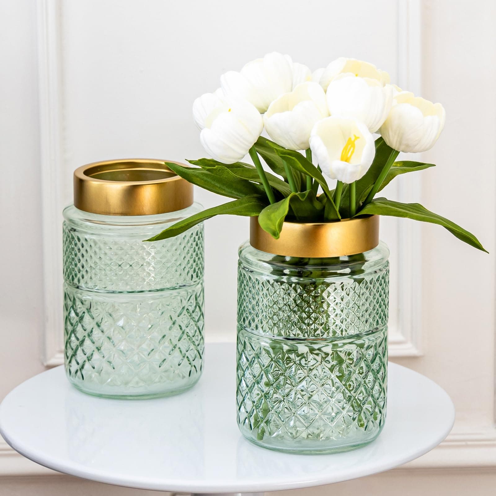 2-Pack Green Fluted Glass Vase with Golden Top, Stylish Decor for Home Centerpieces