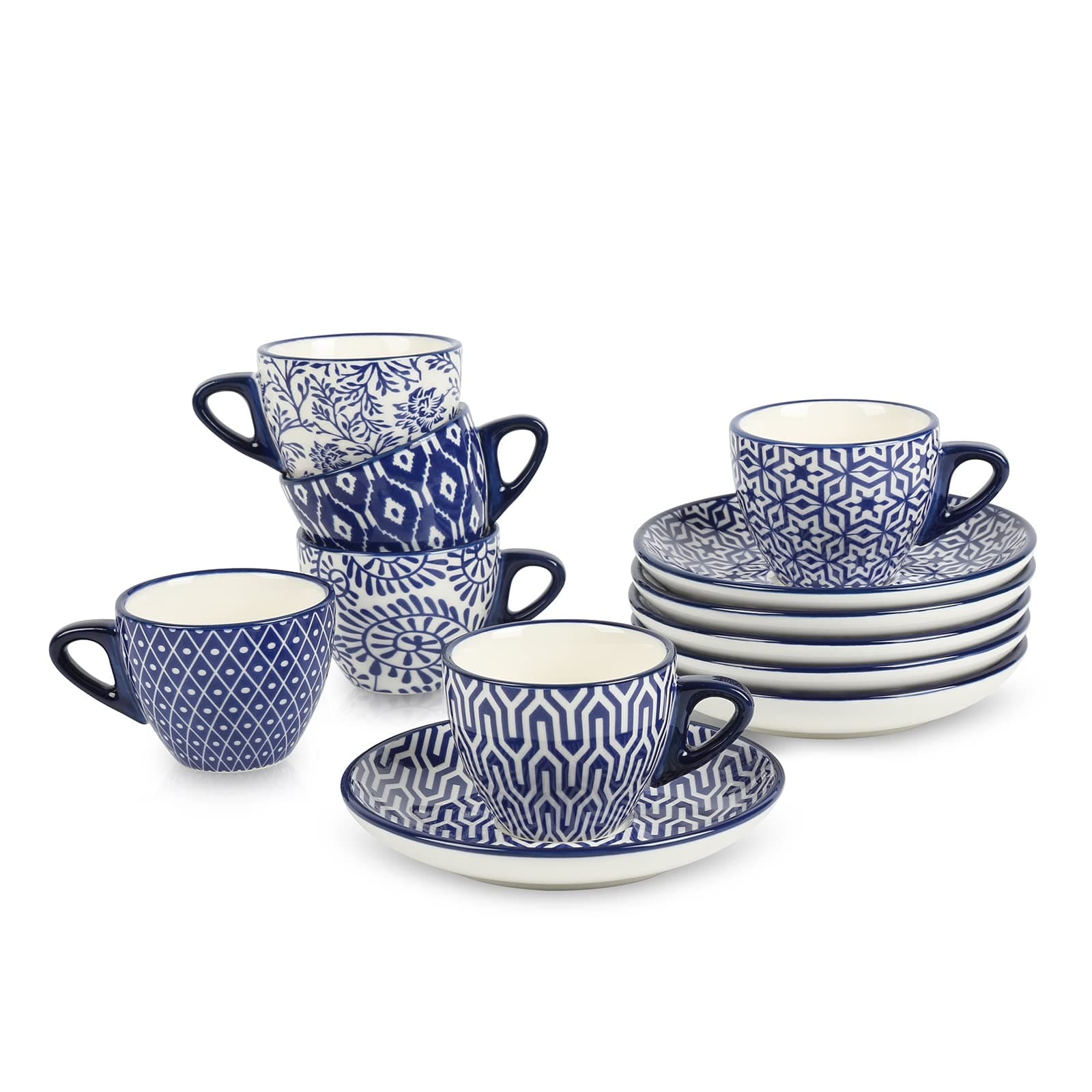 Selamica Ceramic 2 oz Espresso Cups, Vintage Blue Saucers, Porcelain Latte Set of 6