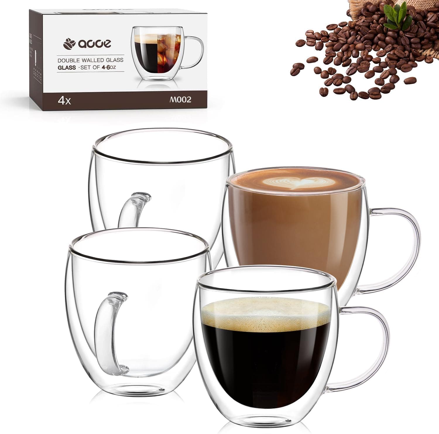 OJA Espresso Cups Set of 4, Hand Blown 6OZ Double Wall Glass Mugs