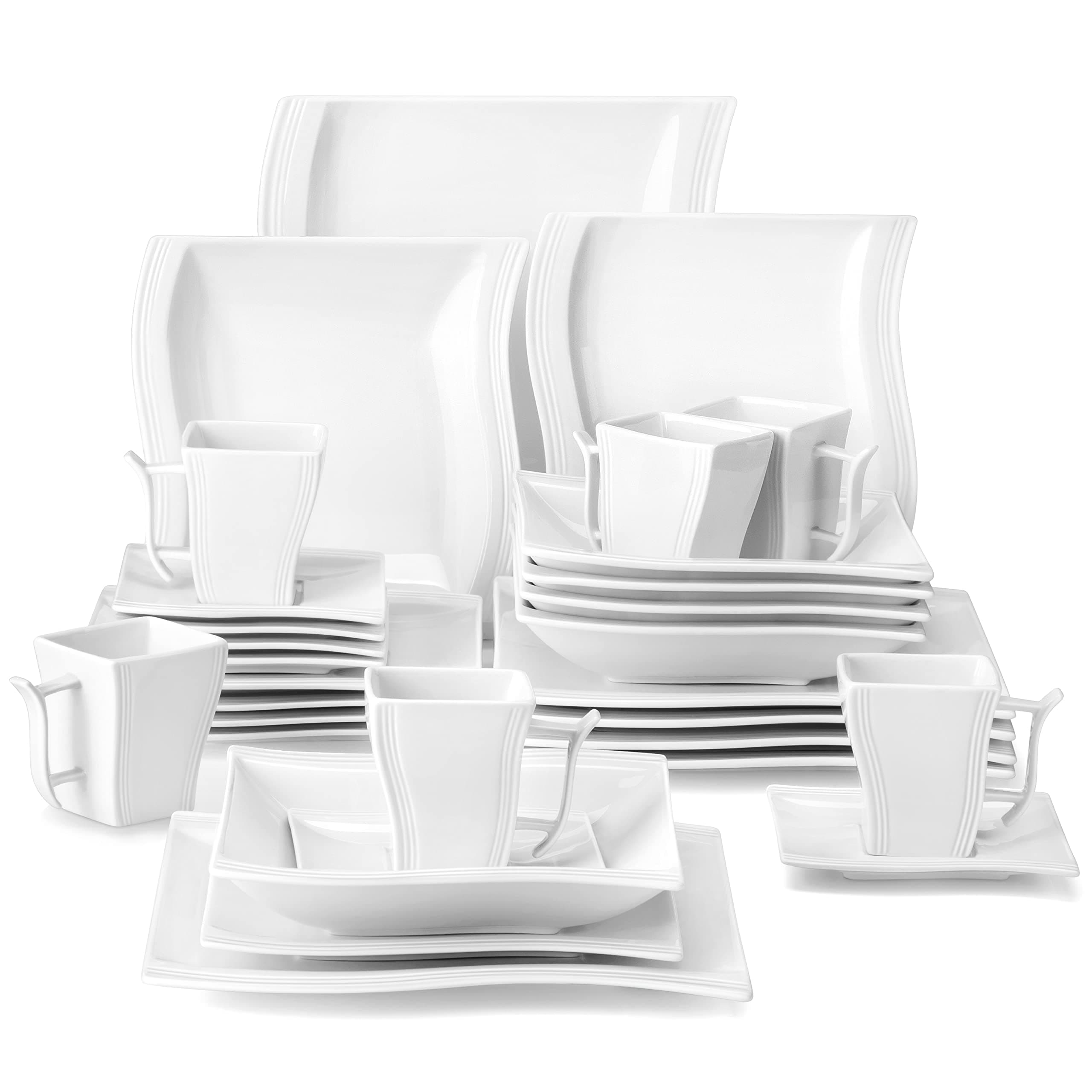 Modern Square Dinnerware Set for 6, 30-Piece Porcelain, Ivory White, Series Flora