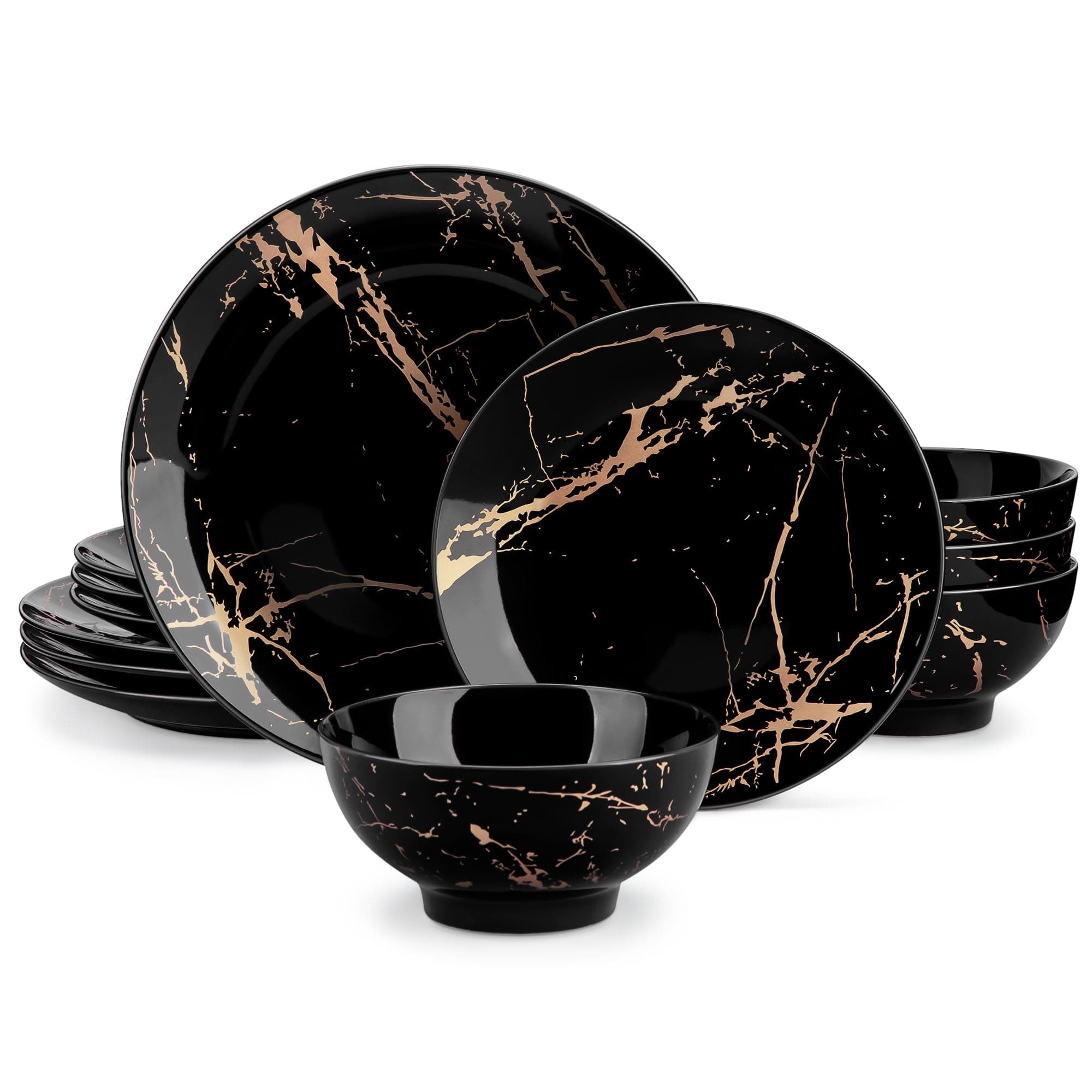 LOVECASA Black & Gold Porcelain Dinnerware Set, 12 Pieces, Dishwasher Safe