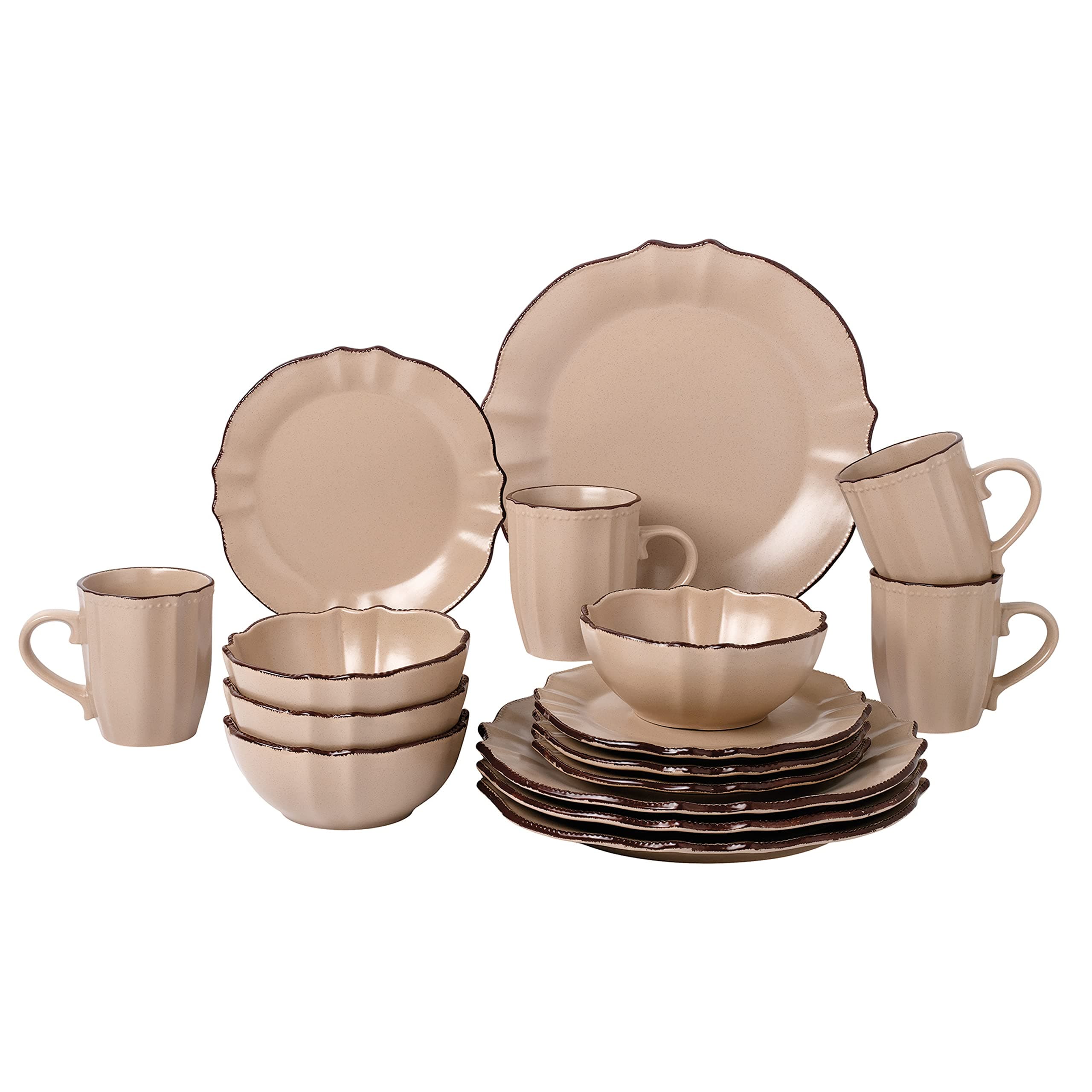 Lorren Home Trends 16-Piece Scalloped Edge Cocoa Dinnerware Set