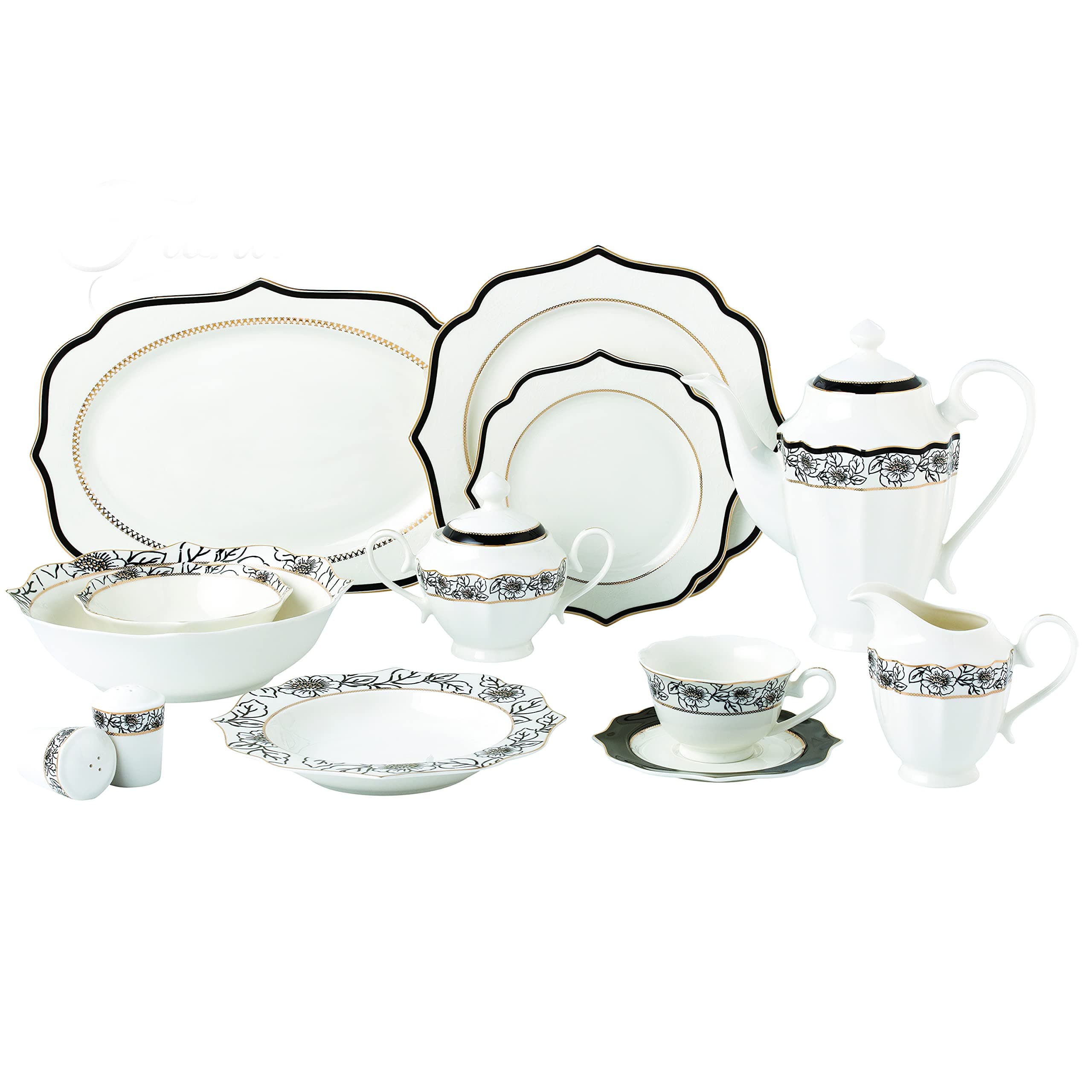 Lorren Home Trends 57 Piece Wavy Black & Gold Bone China Service for 8 - Fiona