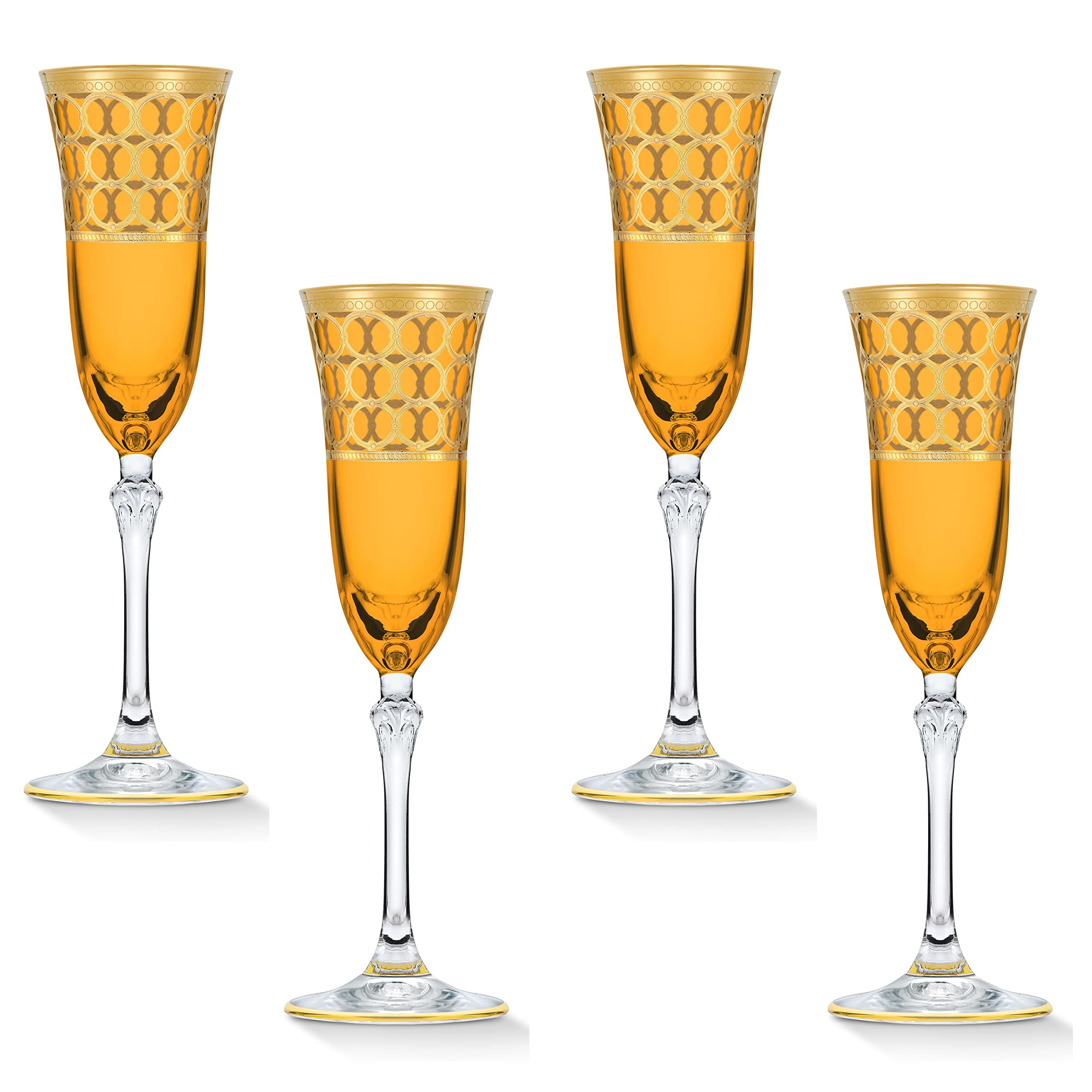 Lorren Home Trends Amber Champagne Flutes with Gold Rings, Set of 4