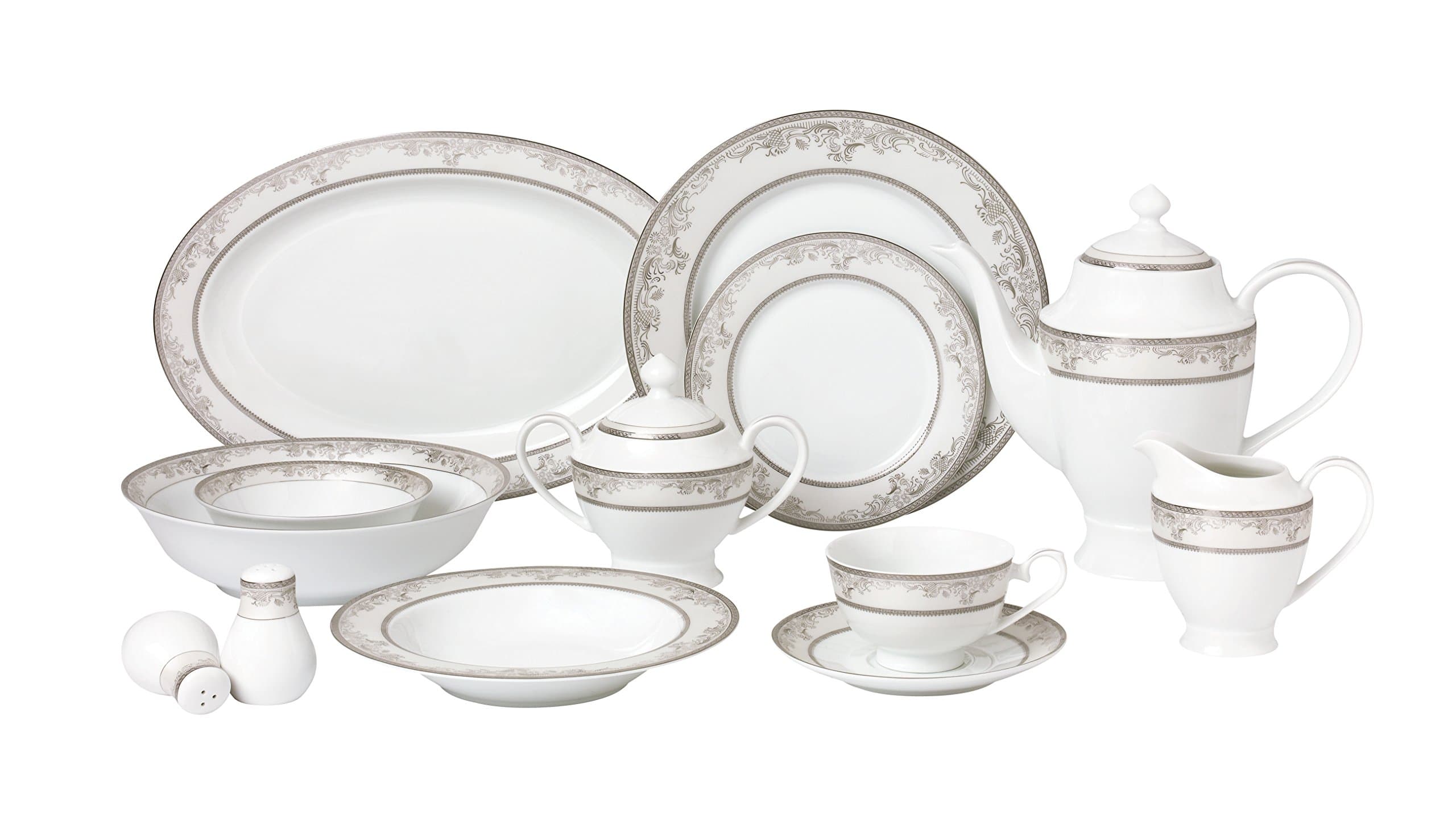 57 Piece 'Juliette' Bone China Dinnerware Set (Service for 8 People), Silver by Lorren Home Trends