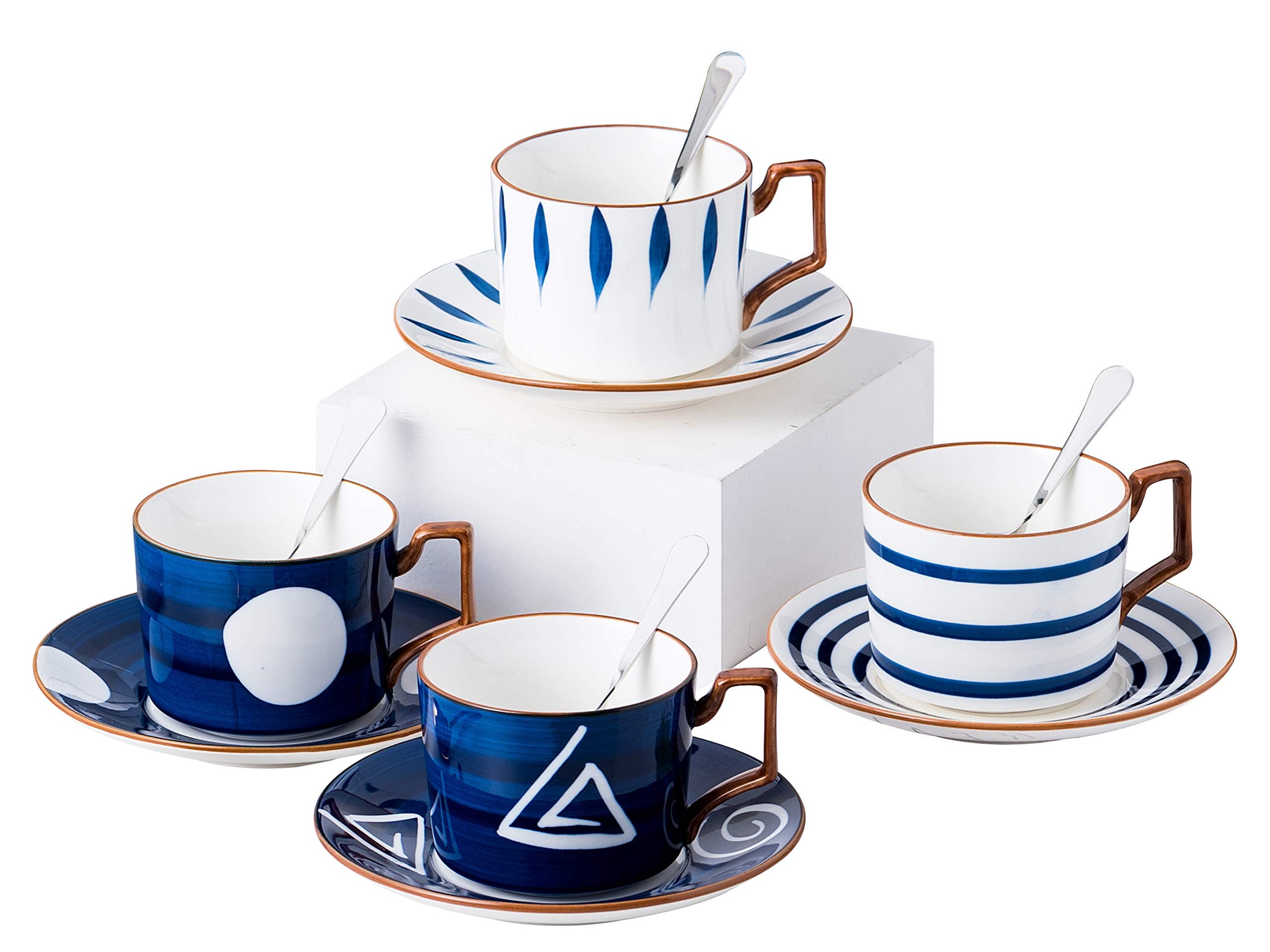 Jusalpha Japanese Style Hand Printed 7oz Fine China Tea/Coffee Cup Set with Spoon and Tray, Serve of 4