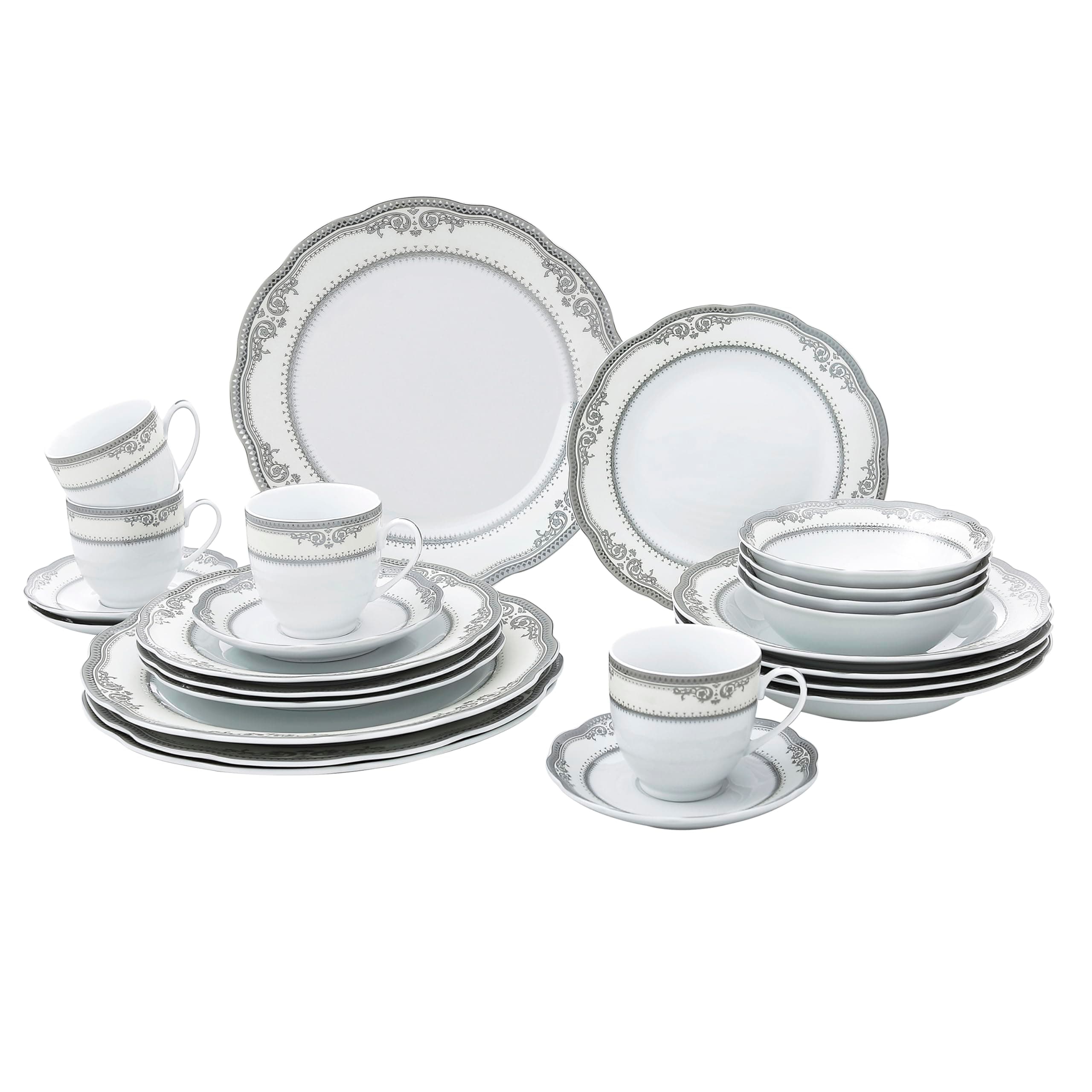 Lorren Home Trends 24-Piece Victoria Porcelain Dinnerware Set, White