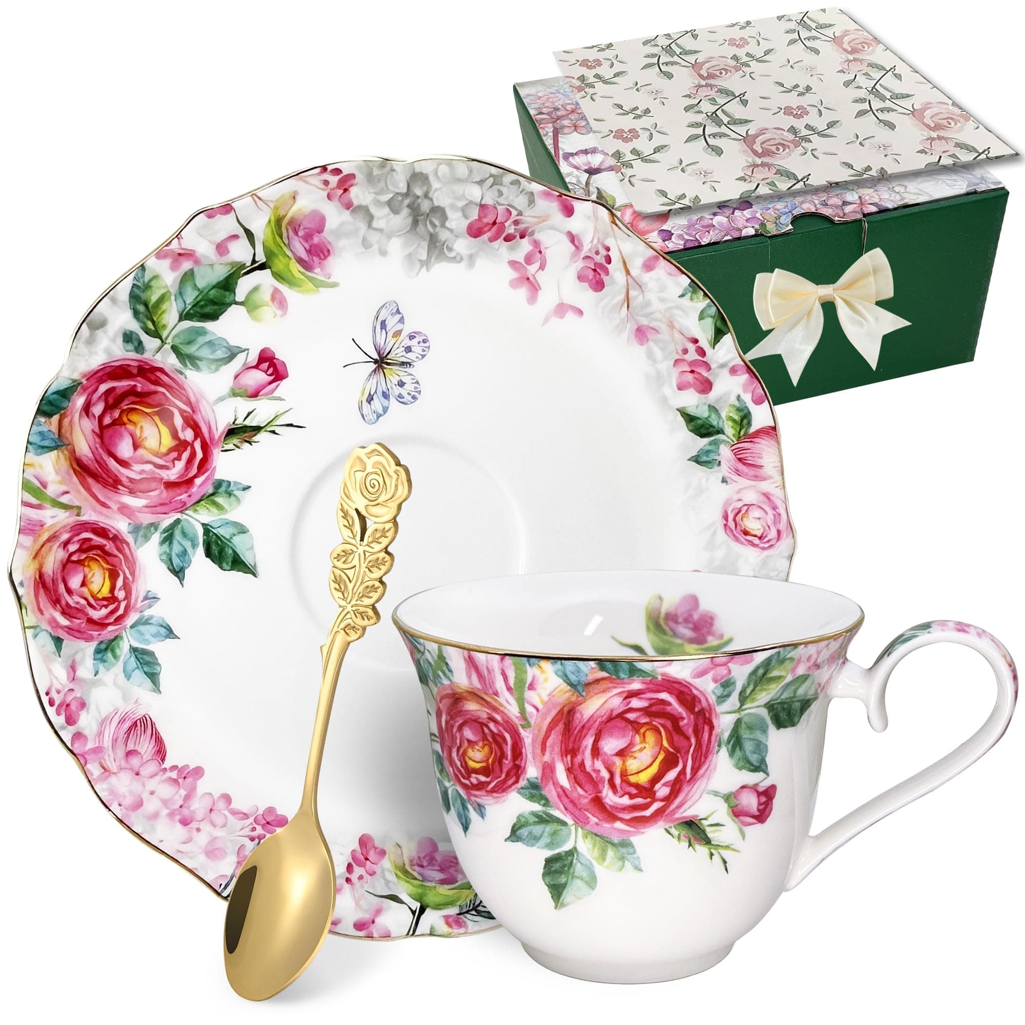 Bourbon Rose Floral Bone China Tea Cup Set with Gold Trim (7.5 OZ)