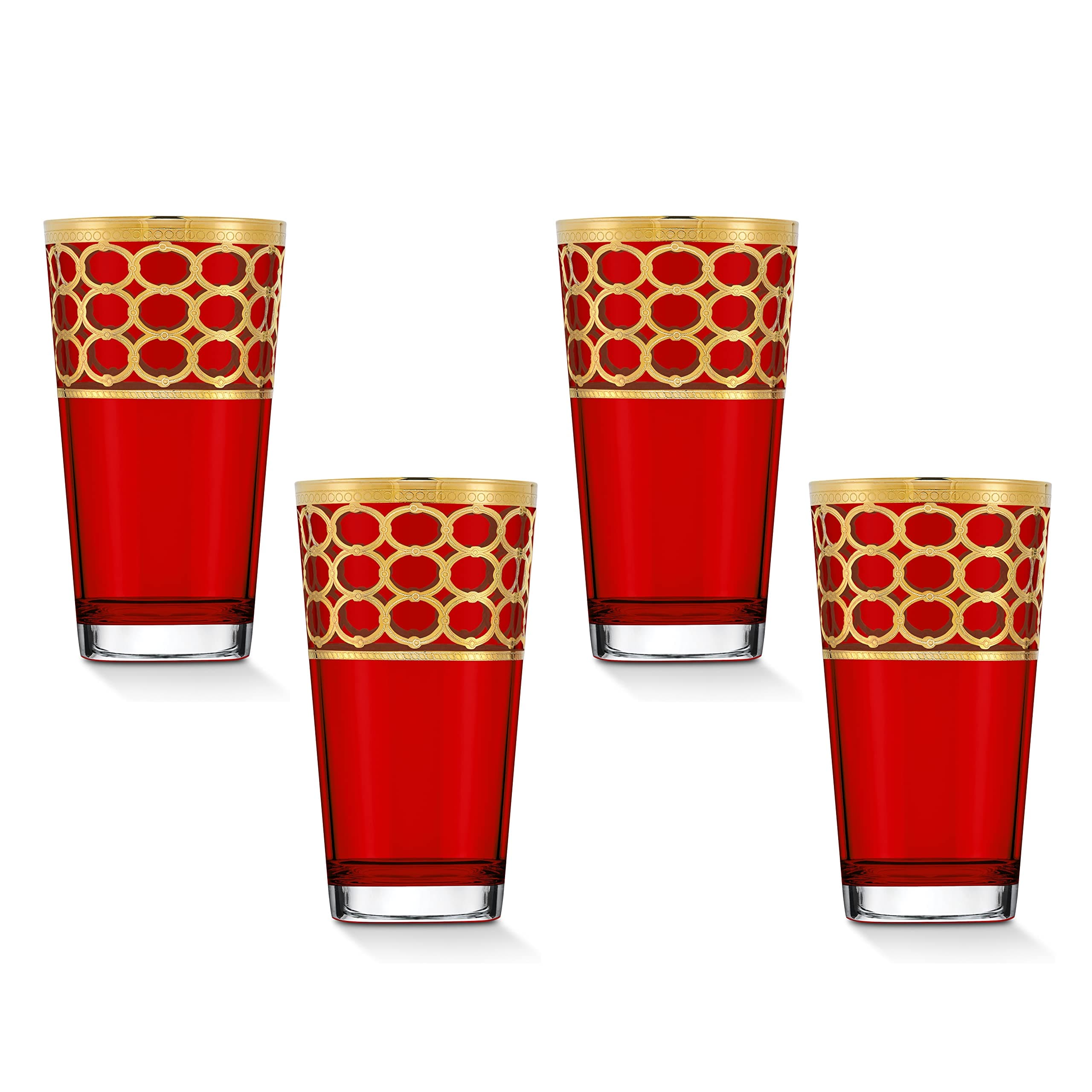 Lorren Home Trends Deep Red High Ball Glasses with Gold Rings, Set of 4