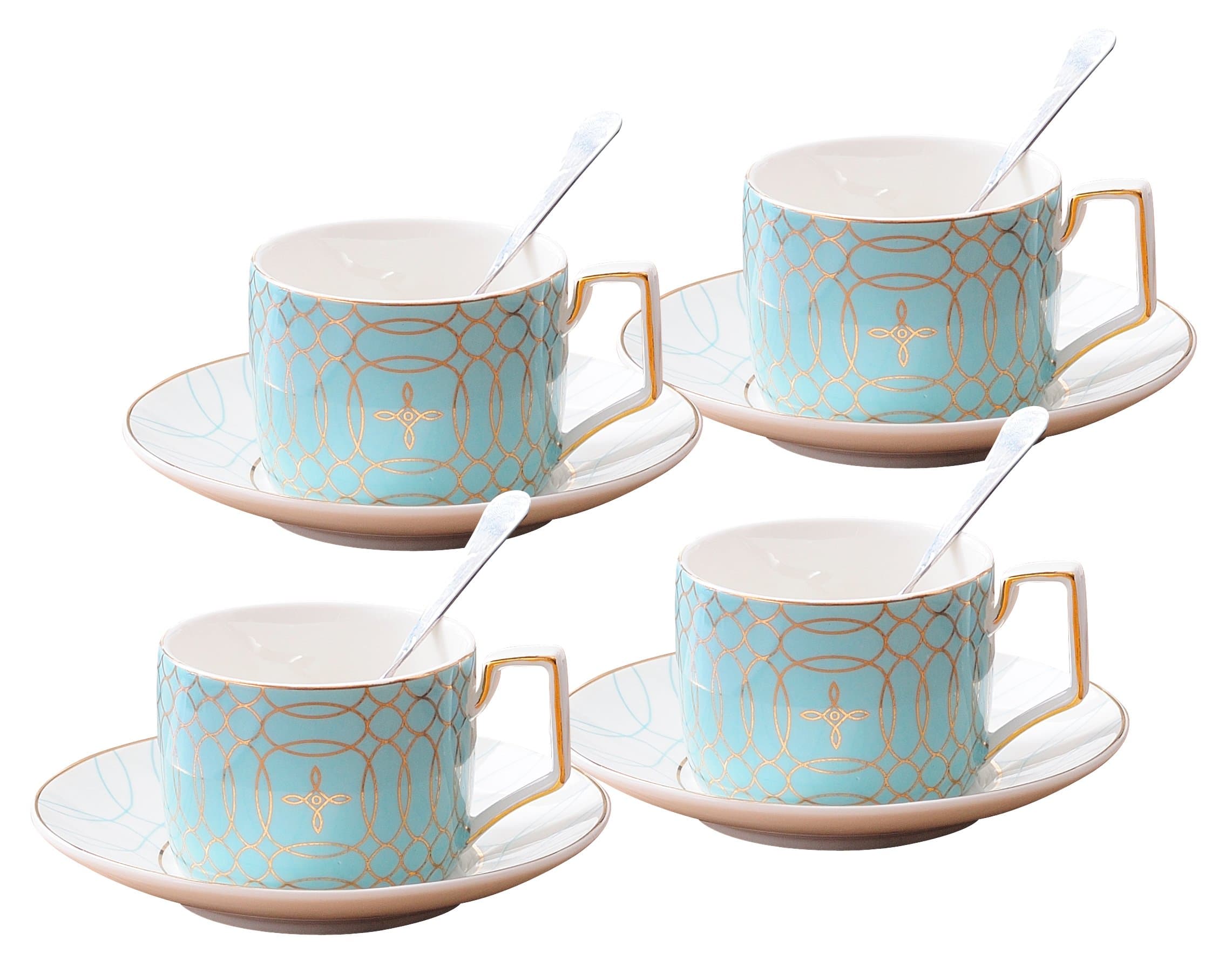 Jusalpha Mint Green Tea Cup and Saucer Set for 4 (Blue)
