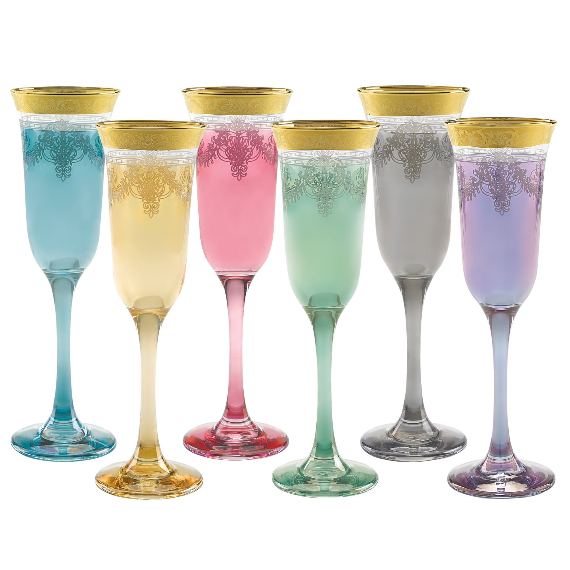 Lorren Home Trends Multicolor Flute Glasses Set of 6 with Gold Band